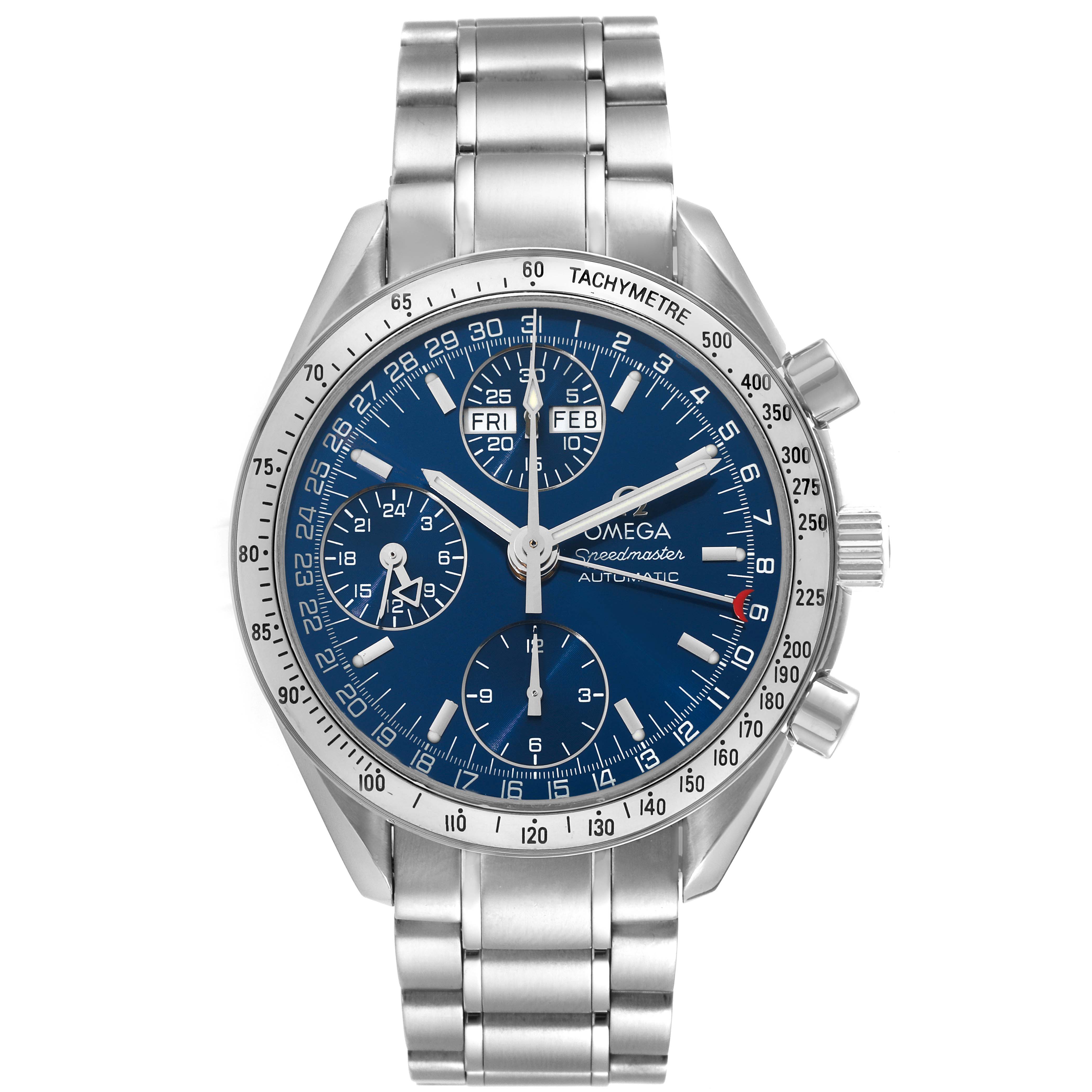 The image shows a front view of the Omega Speedmaster 3523.80.00 Men's Stainless Steel Blue Dial 3523.80.00 Men's Stainless Steel Blue Dial wristwatch with a stainless steel bracelet and a blue dial.