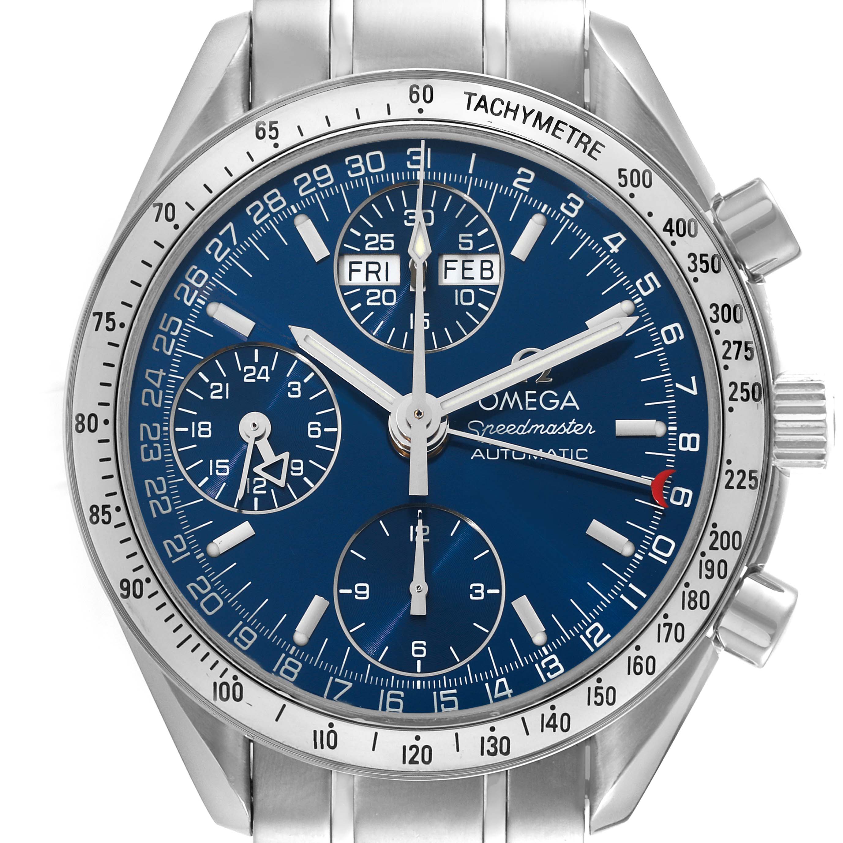 This image shows the Omega Speedmaster 3523.80.00 Men's Stainless Steel Blue Dial 3523.80.00 Men's Stainless Steel Blue Dial watch from a front angle, highlighting its blue dial and chronograph features.