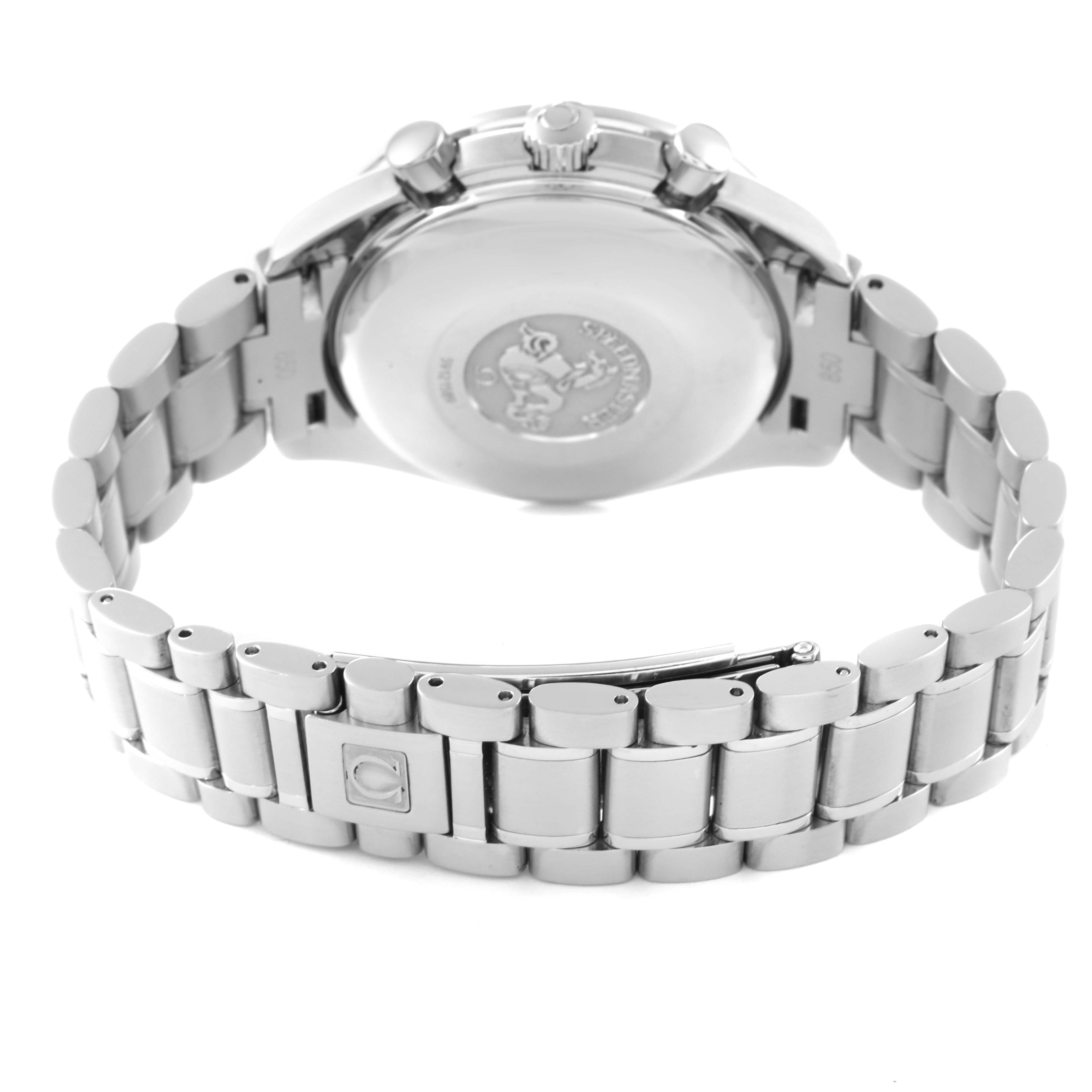 The image shows the back case and bracelet of an Omega Speedmaster 3523.80.00 Men's Stainless Steel Blue Dial 3523.80.00 Men's Stainless Steel Blue Dial watch, viewed from the rear angle.