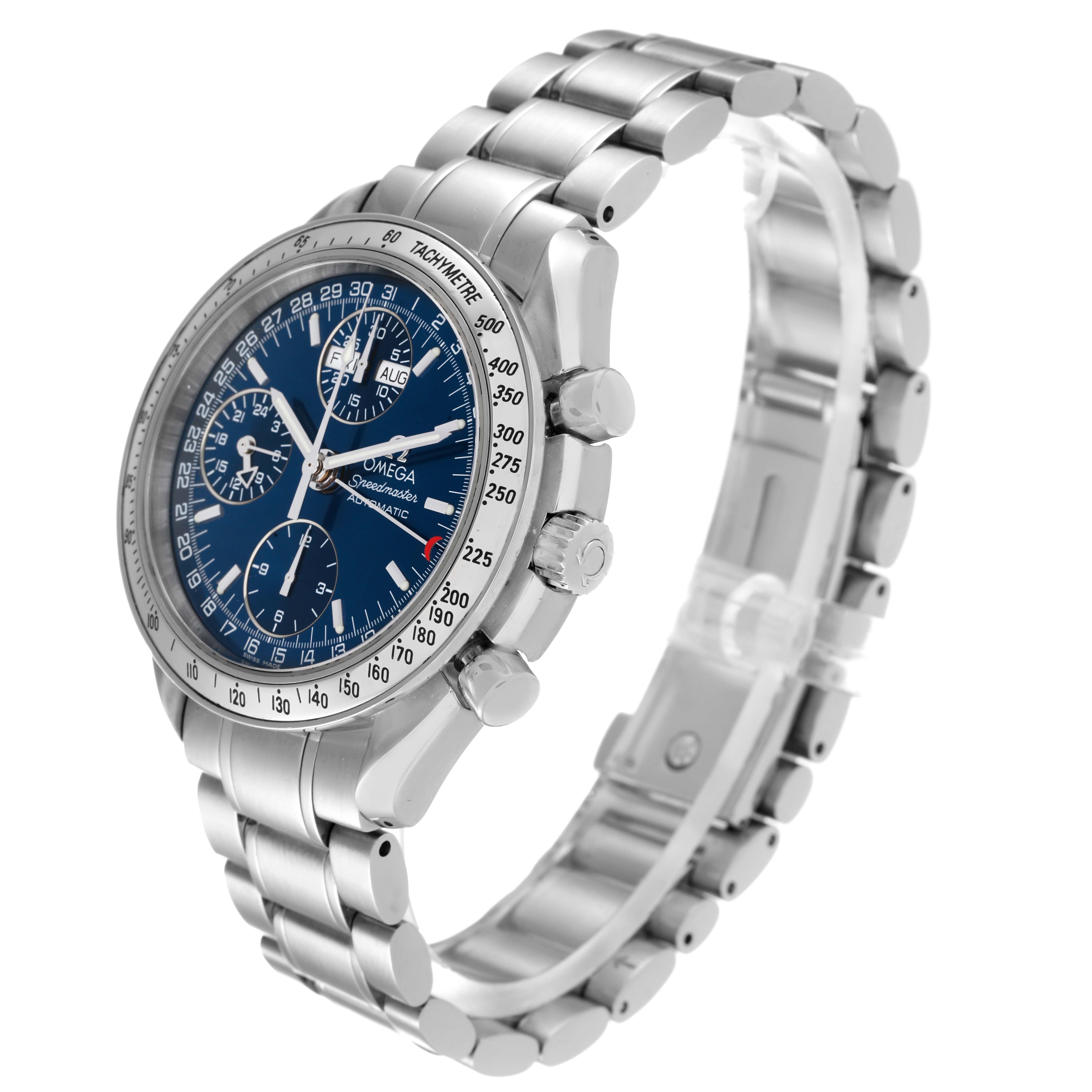 The Omega Speedmaster 3523.80.00 Men's Stainless Steel Blue Dial 3523.80.00 Men's Stainless Steel Blue Dial watch is shown at a three-quarter angle, displaying the face, crown, pushers, and stainless steel bracelet.