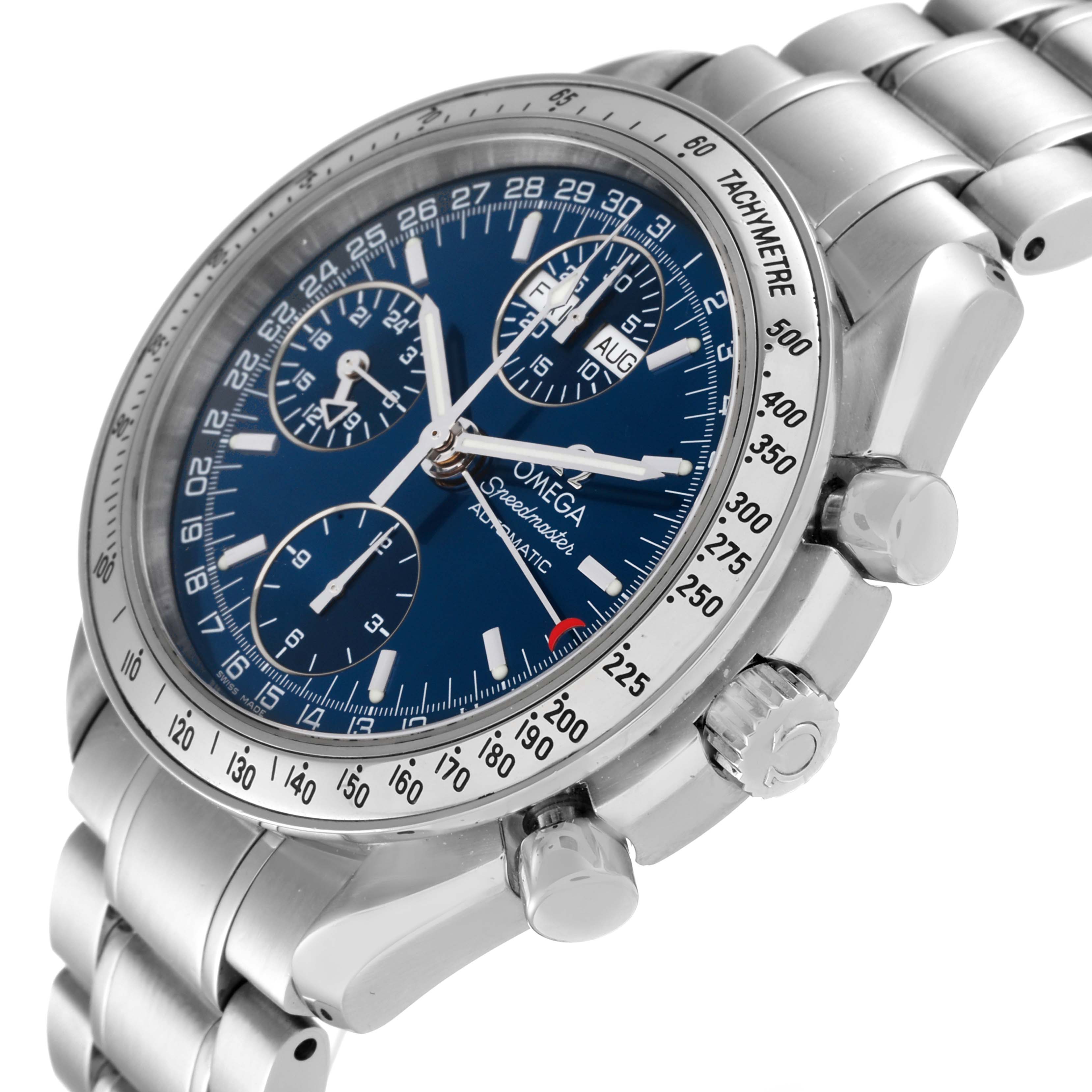 The image shows an angled view of the Omega Speedmaster 3523.80.00 Men's Stainless Steel Blue Dial 3523.80.00 Men's Stainless Steel Blue Dial watch highlighting its face, chronograph dials, and metal bracelet.