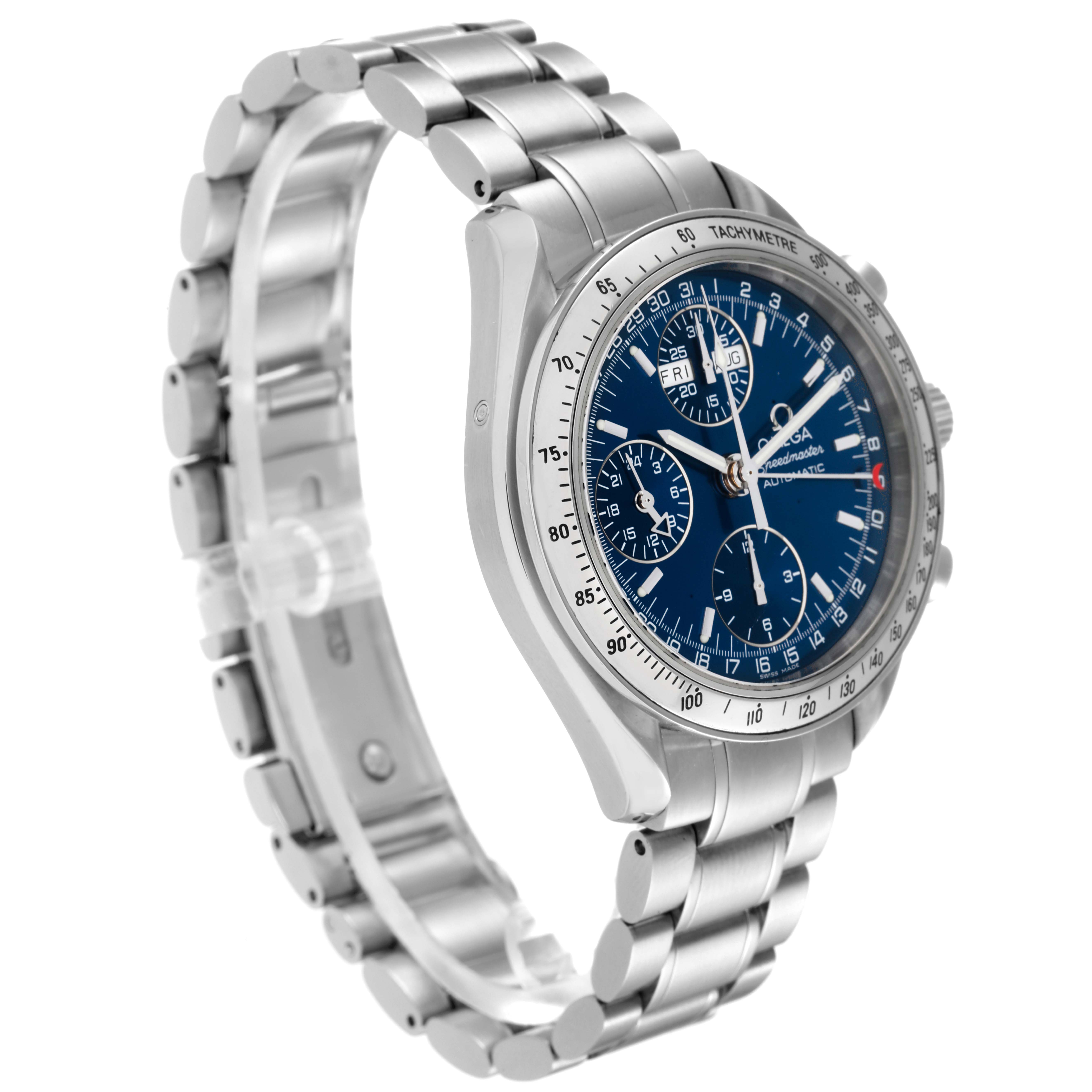 The image shows a side angle of the Omega Speedmaster 3523.80.00 Men's Stainless Steel Blue Dial 3523.80.00 Men's Stainless Steel Blue Dial watch, displaying the bracelet, dial, and bezel.