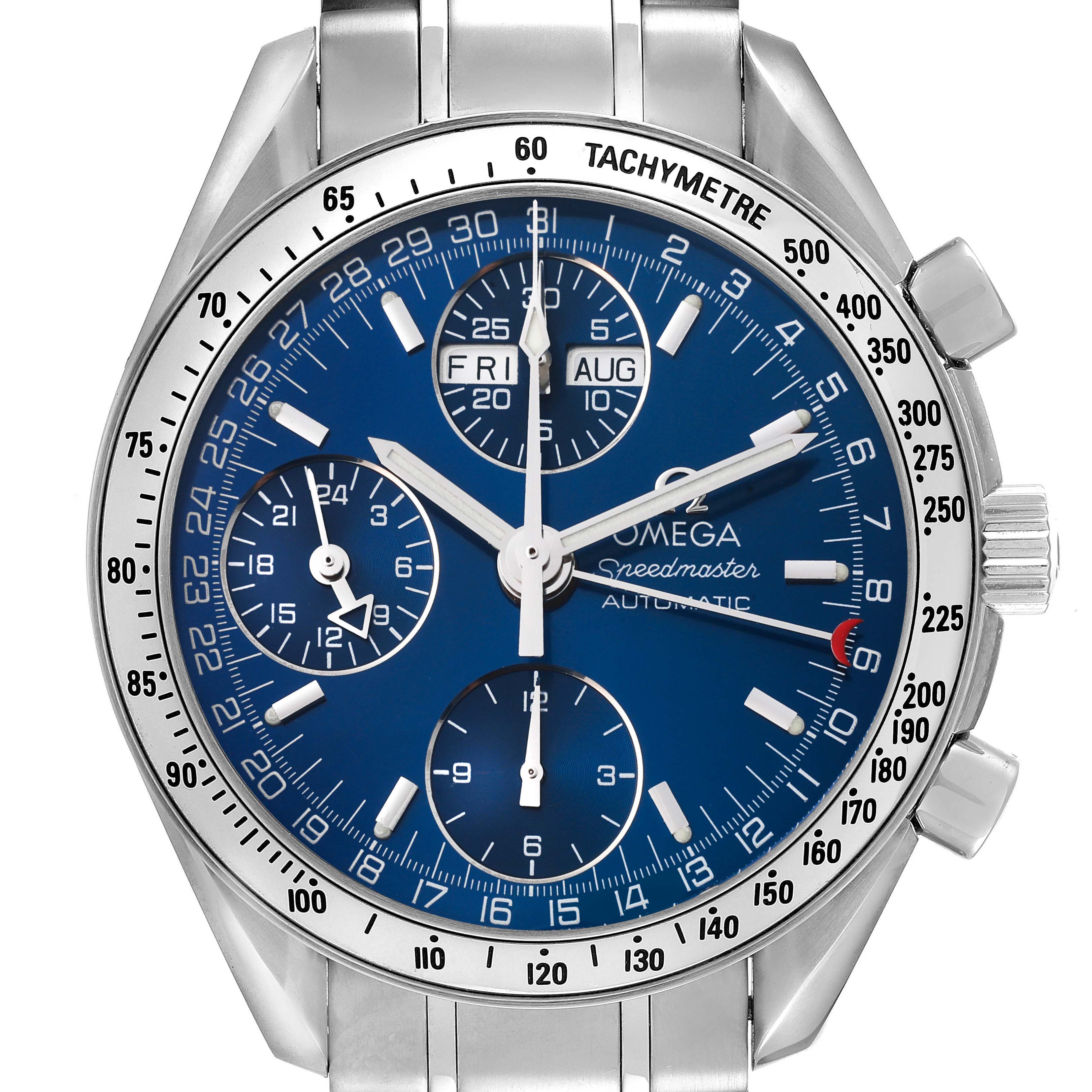 This image shows the dial, bezel, and part of the bracelet of an Omega Speedmaster 3523.80.00 Men's Stainless Steel Blue Dial 3523.80.00 Men's Stainless Steel Blue Dial watch from a front angle.