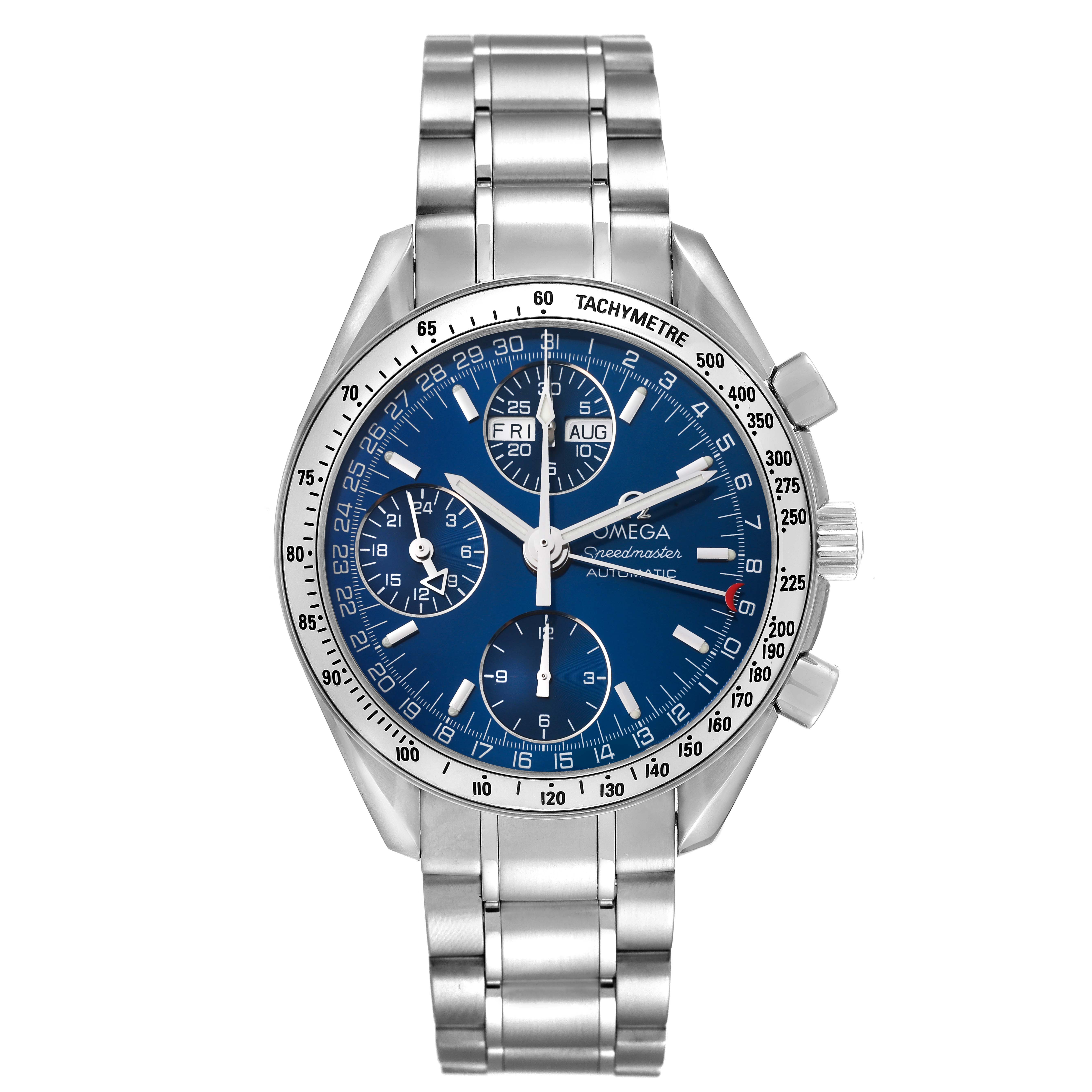 The Omega Speedmaster 3523.80.00 Men's Stainless Steel Blue Dial 3523.80.00 Men's Stainless Steel Blue Dial watch is shown from a front angle, displaying its dial, tachymeter, subdials, and stainless steel bracelet.