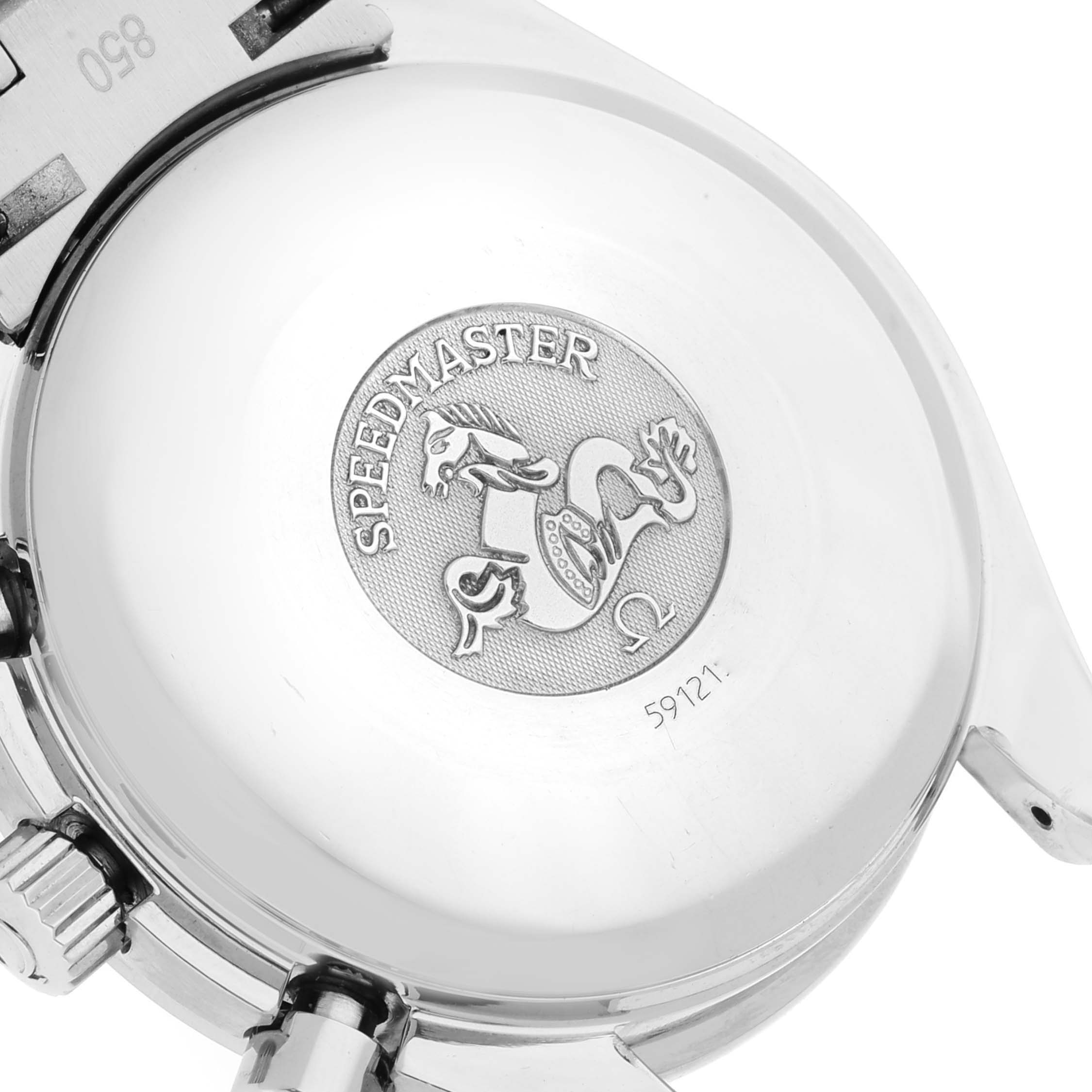 The image shows the back case of an Omega Speedmaster 3523.80.00 Men's Stainless Steel Blue Dial 3523.80.00 Men's Stainless Steel Blue Dial watch with its engraved emblem and model markings.