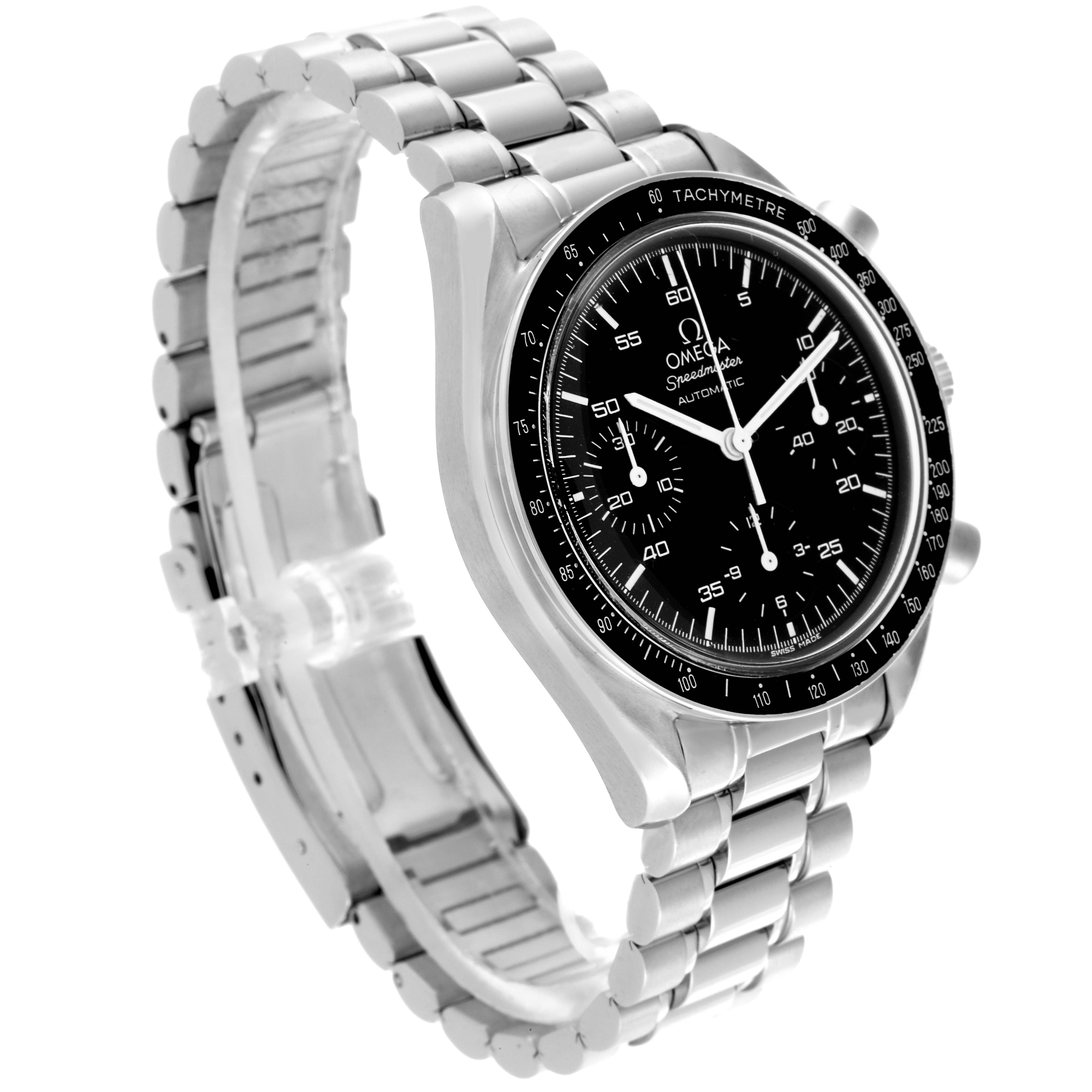 The Omega Speedmaster 3510.50.00 Men
s Stainless Steel Black Dial 3510.50.00 Men
s Stainless Steel Black Dial watch is shown at a three-quarter angle, highlighting the face, bezel, and metal bracelet.