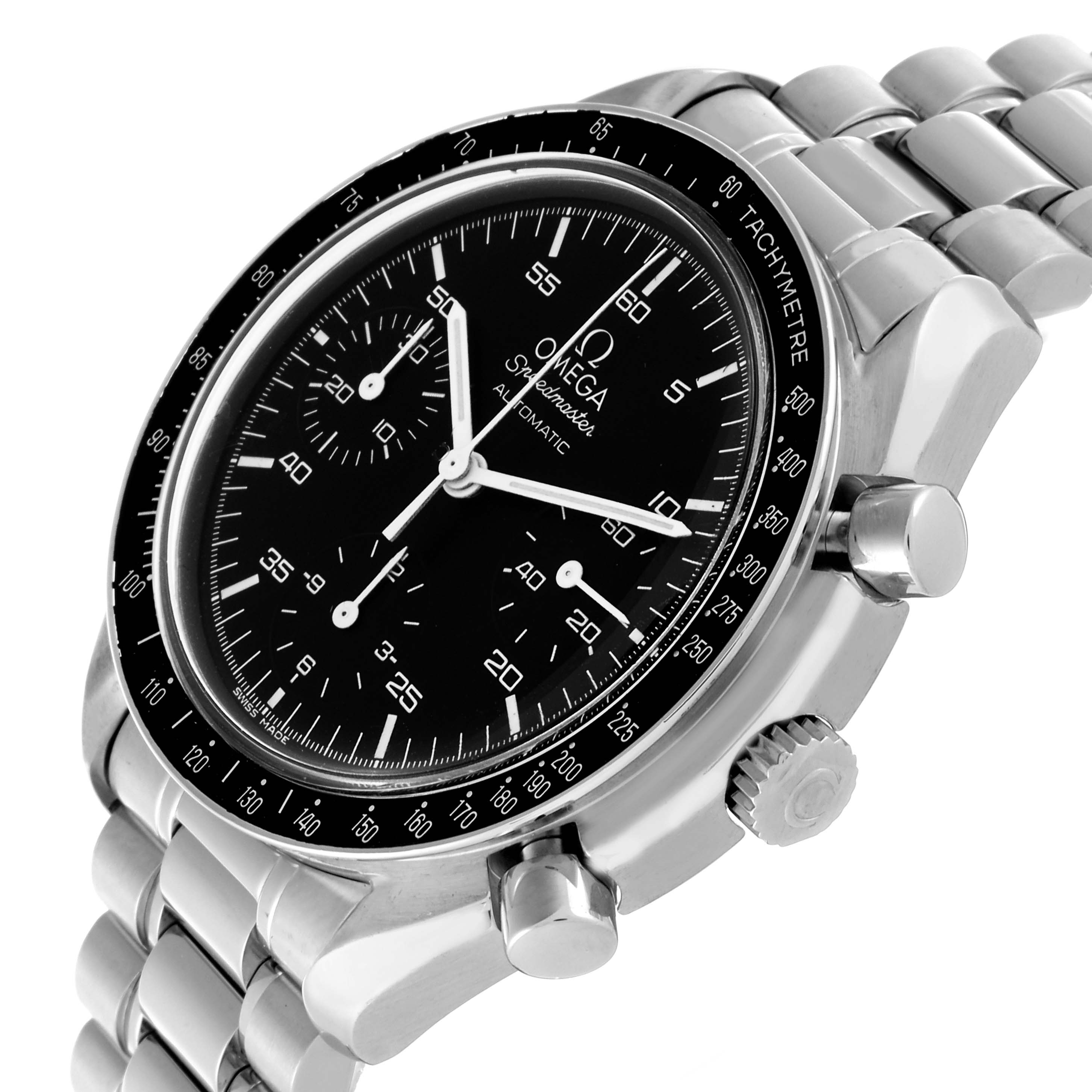 The Omega Speedmaster 3510.50.00 Men
s Stainless Steel Black Dial 3510.50.00 Men
s Stainless Steel Black Dial watch is shown from a 3/4 angle, highlighting the dial, crown, pushers, and bracelet.