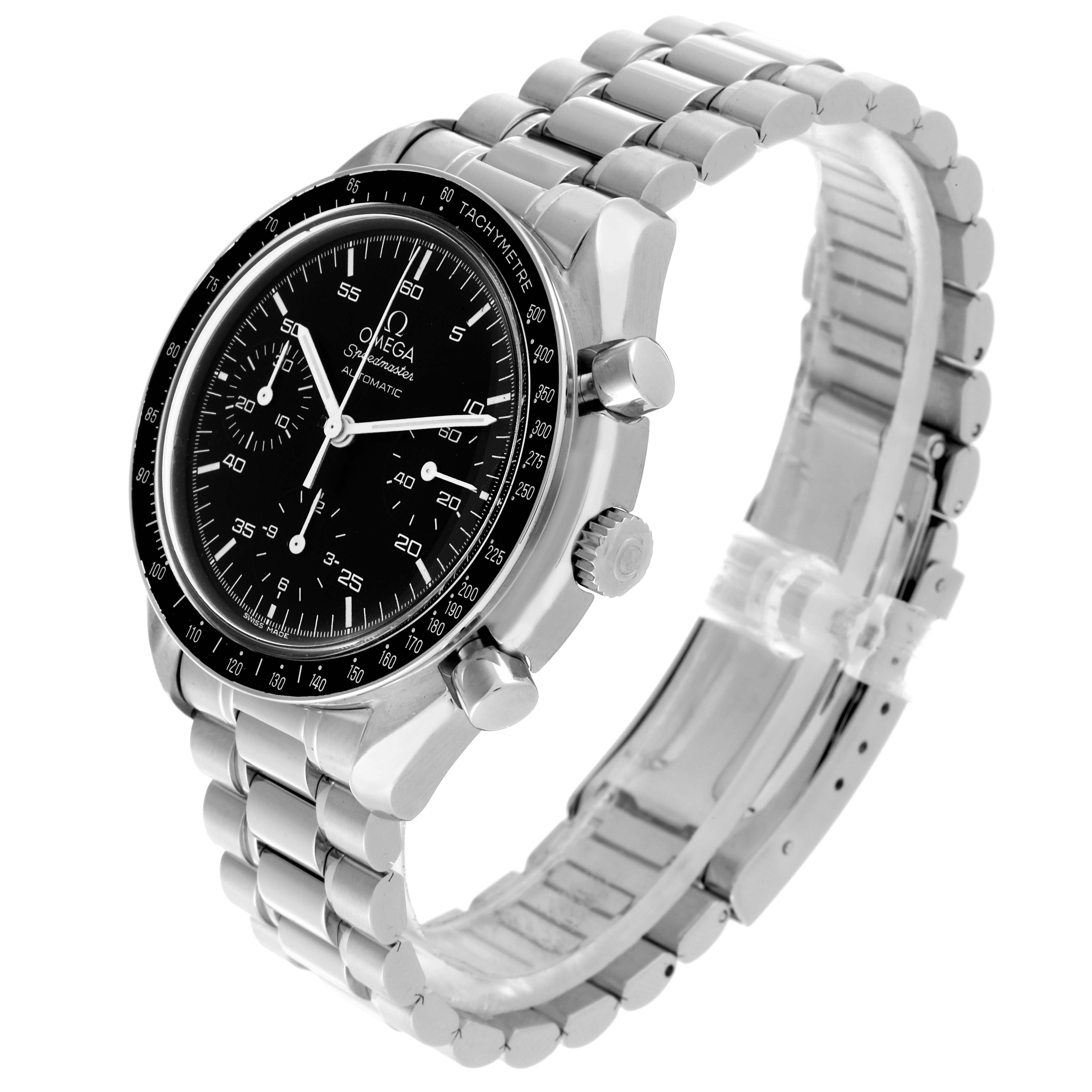 The Omega Speedmaster 3510.50.00 Men
s Stainless Steel Black Dial 3510.50.00 Men
s Stainless Steel Black Dial watch is shown at a three-quarter angle, highlighting the face, bracelet, crown, and pushers.