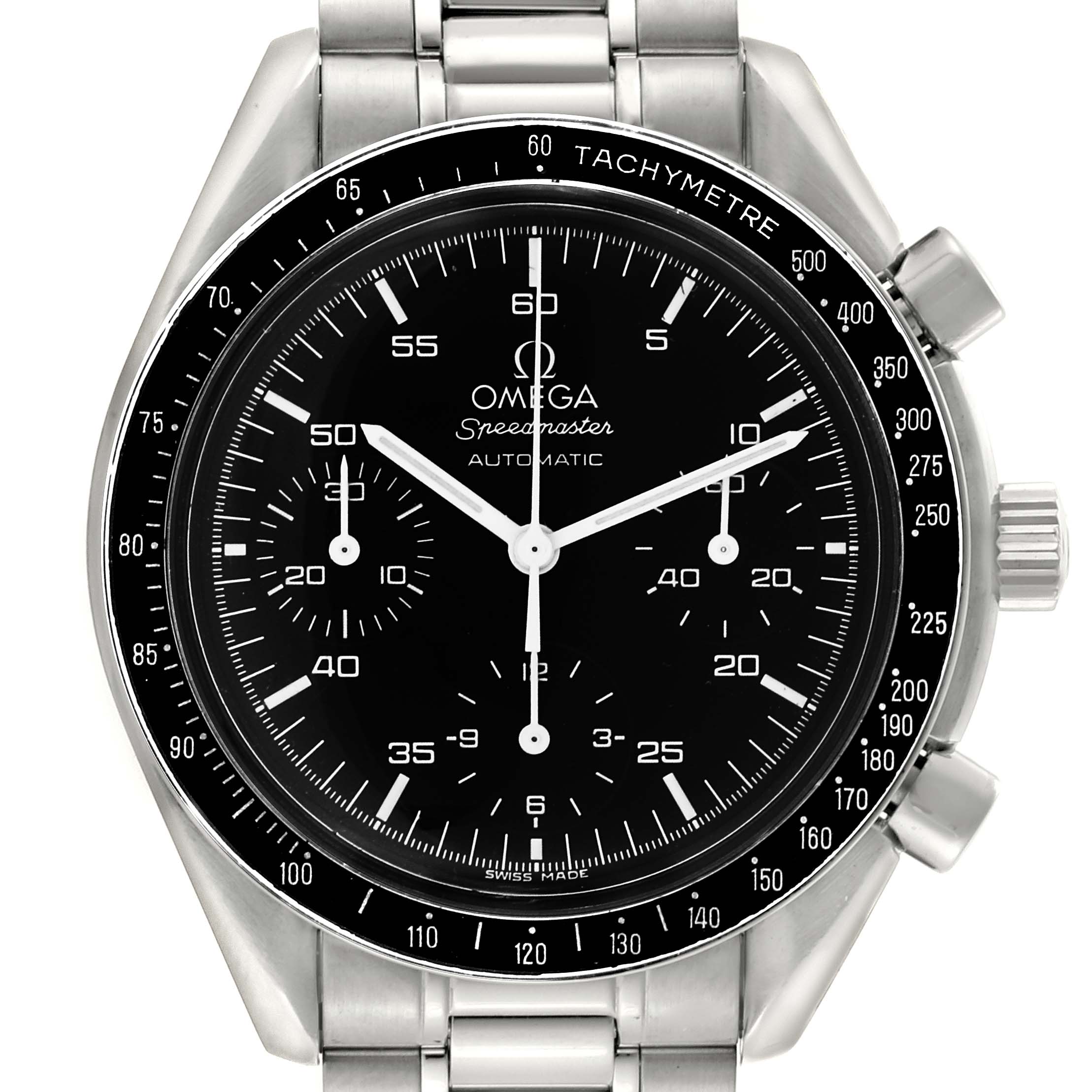 The Omega Speedmaster 3510.50.00 Men
s Stainless Steel Black Dial 3510.50.00 Men
s Stainless Steel Black Dial watch is shown from the front, highlighting its dial, bezel, and stainless steel bracelet.