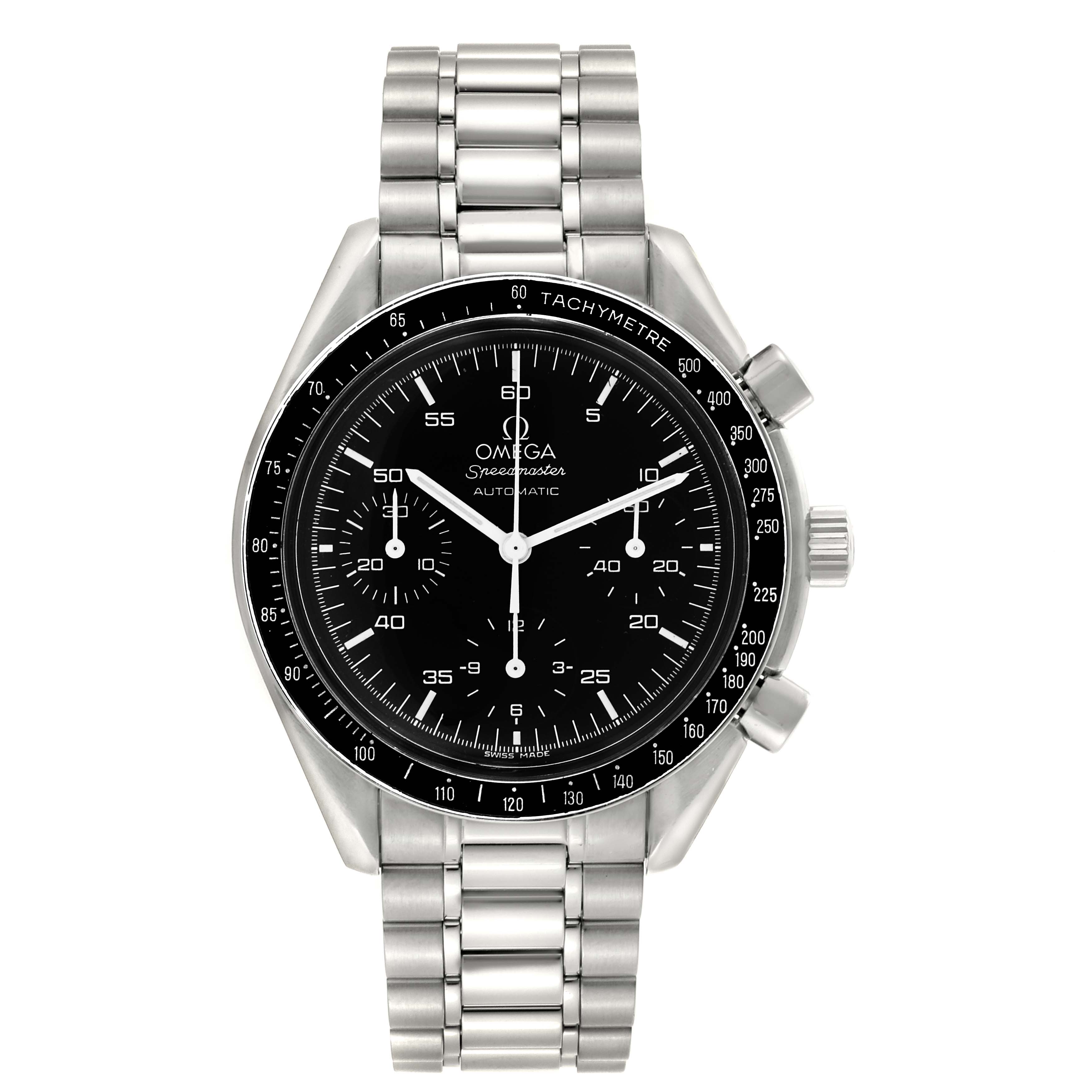The Omega Speedmaster 3510.50.00 Men
s Stainless Steel Black Dial 3510.50.00 Men
s Stainless Steel Black Dial watch is shown from the front, displaying the face, bezel, crown, and metal bracelet.