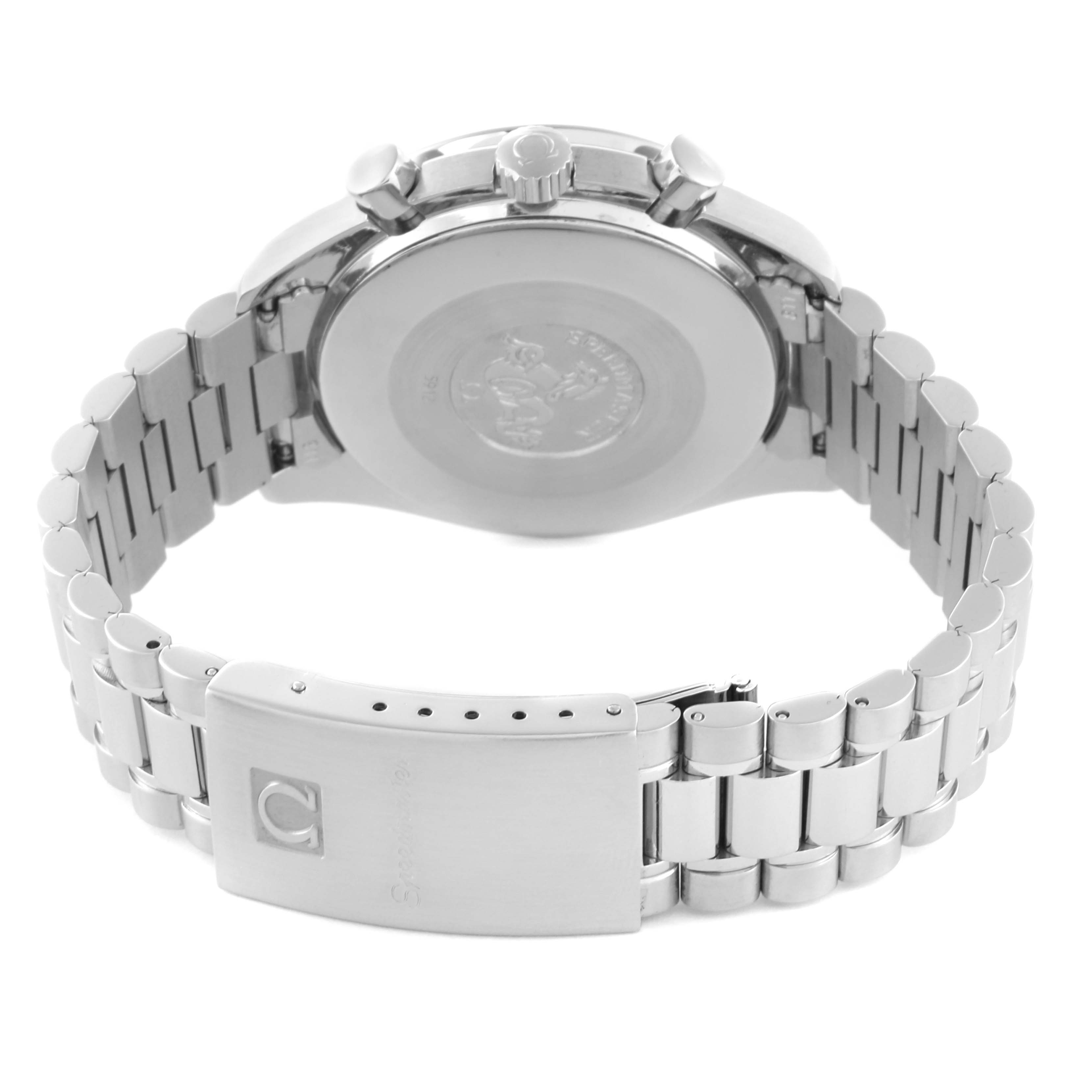 The image shows the back view of an Omega Speedmaster 3510.50.00 Men
s Stainless Steel Black Dial 3510.50.00 Men
s Stainless Steel Black Dial, highlighting the case back, crown, pushers, and bracelet clasp.