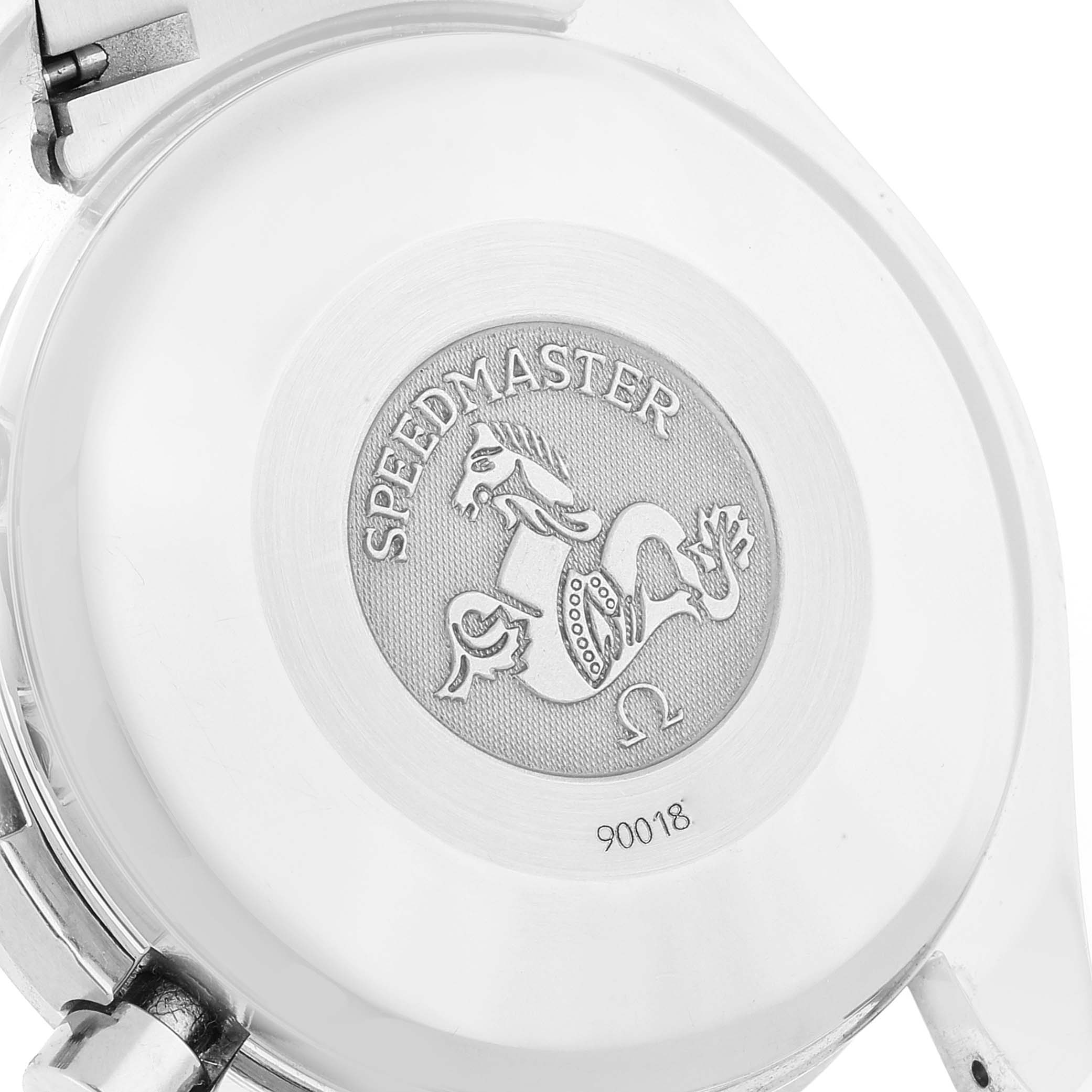 The image shows the back casing of an Omega Speedmaster 3523.50.00 Men's Stainless Steel Black Dial 3523.50.00 Men's Stainless Steel Black Dial watch, displaying the model name and the engraved logo.