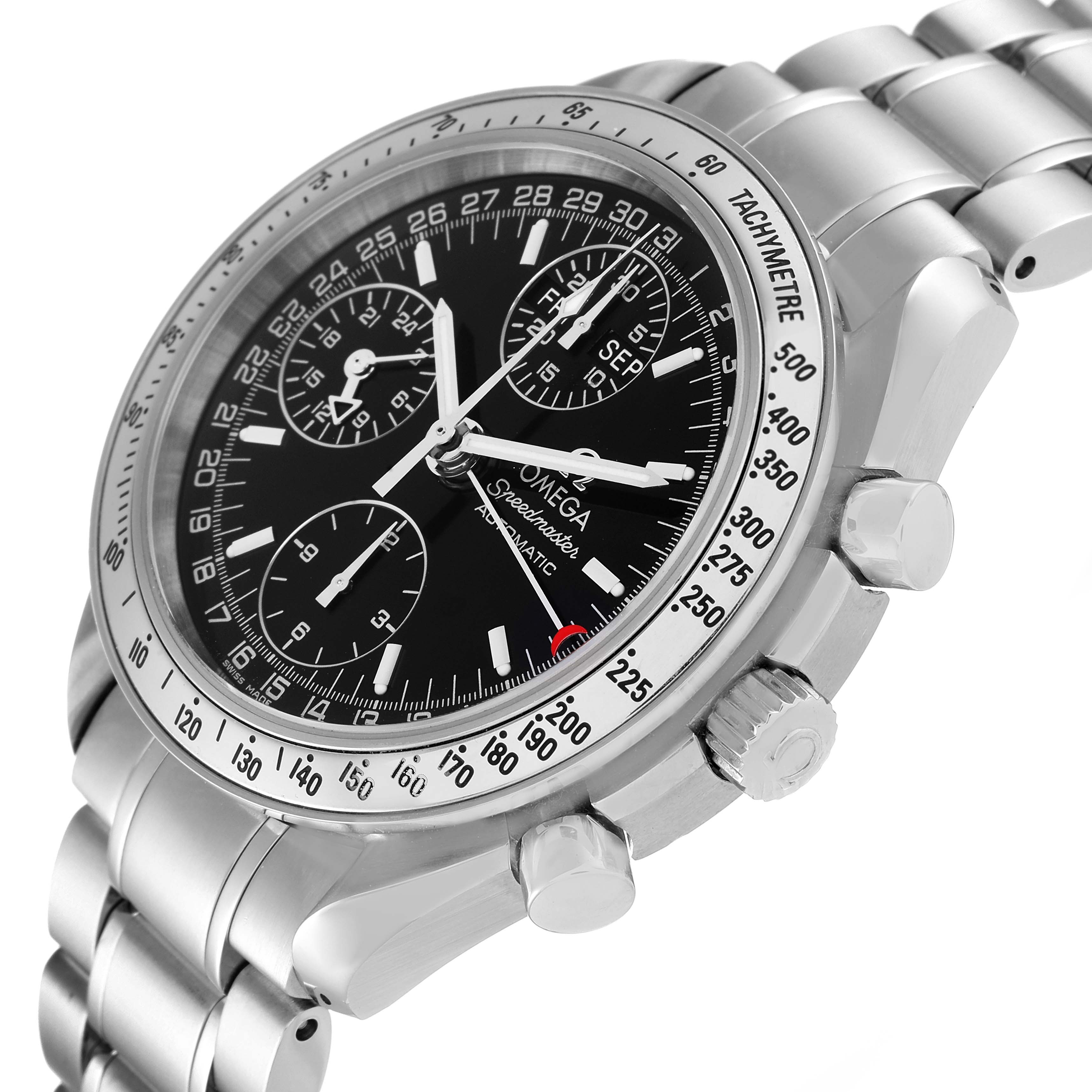 This image shows an angled close-up of the Omega Speedmaster 3523.50.00 Men's Stainless Steel Black Dial 3523.50.00 Men's Stainless Steel Black Dial watch, highlighting the dial, crown, pushers, and part of the bracelet.