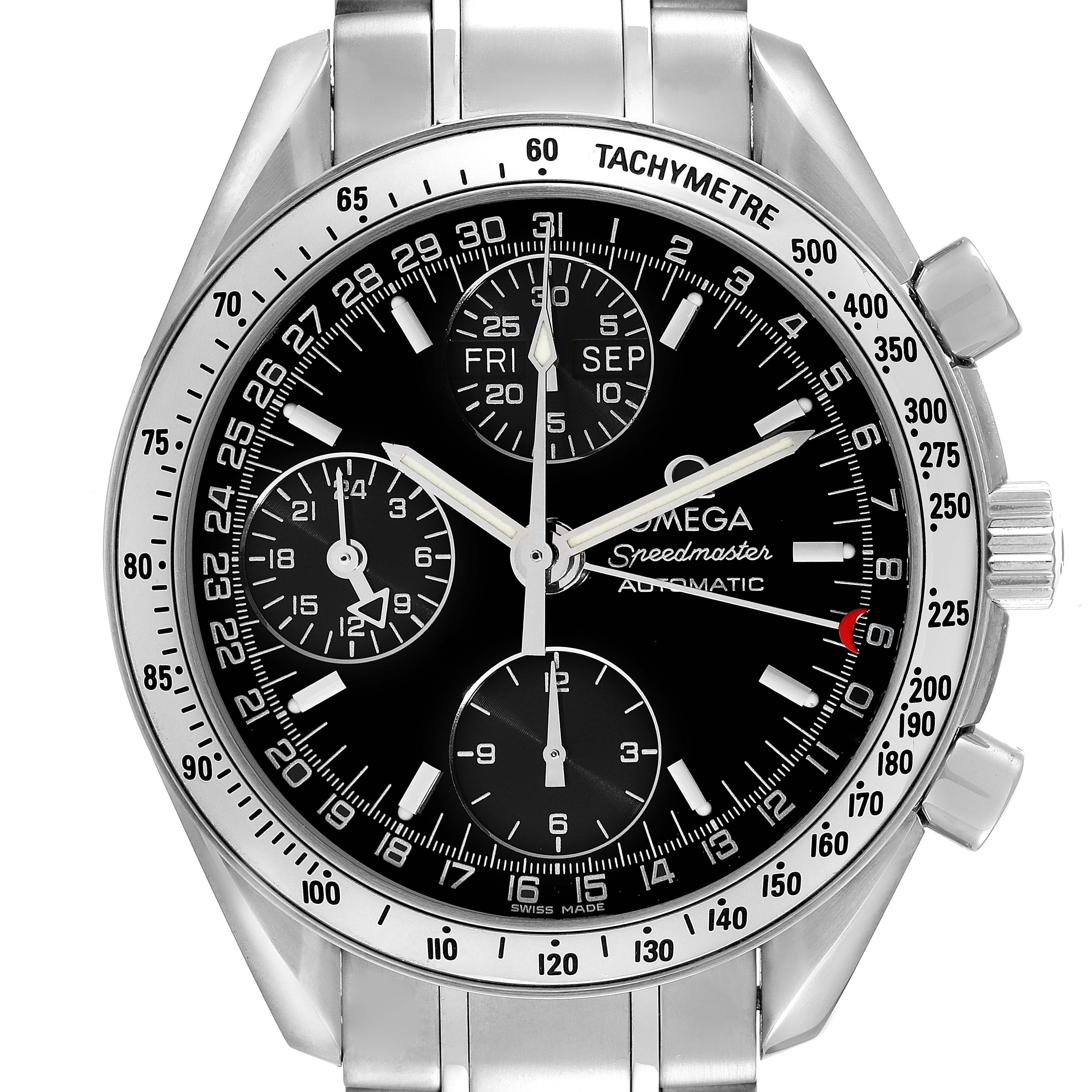 The image shows a close-up of the Omega Speedmaster 3523.50.00 Men's Stainless Steel Black Dial 3523.50.00 Men's Stainless Steel Black Dial watch face and stainless steel bezel and bracelet at a straight-on angle.