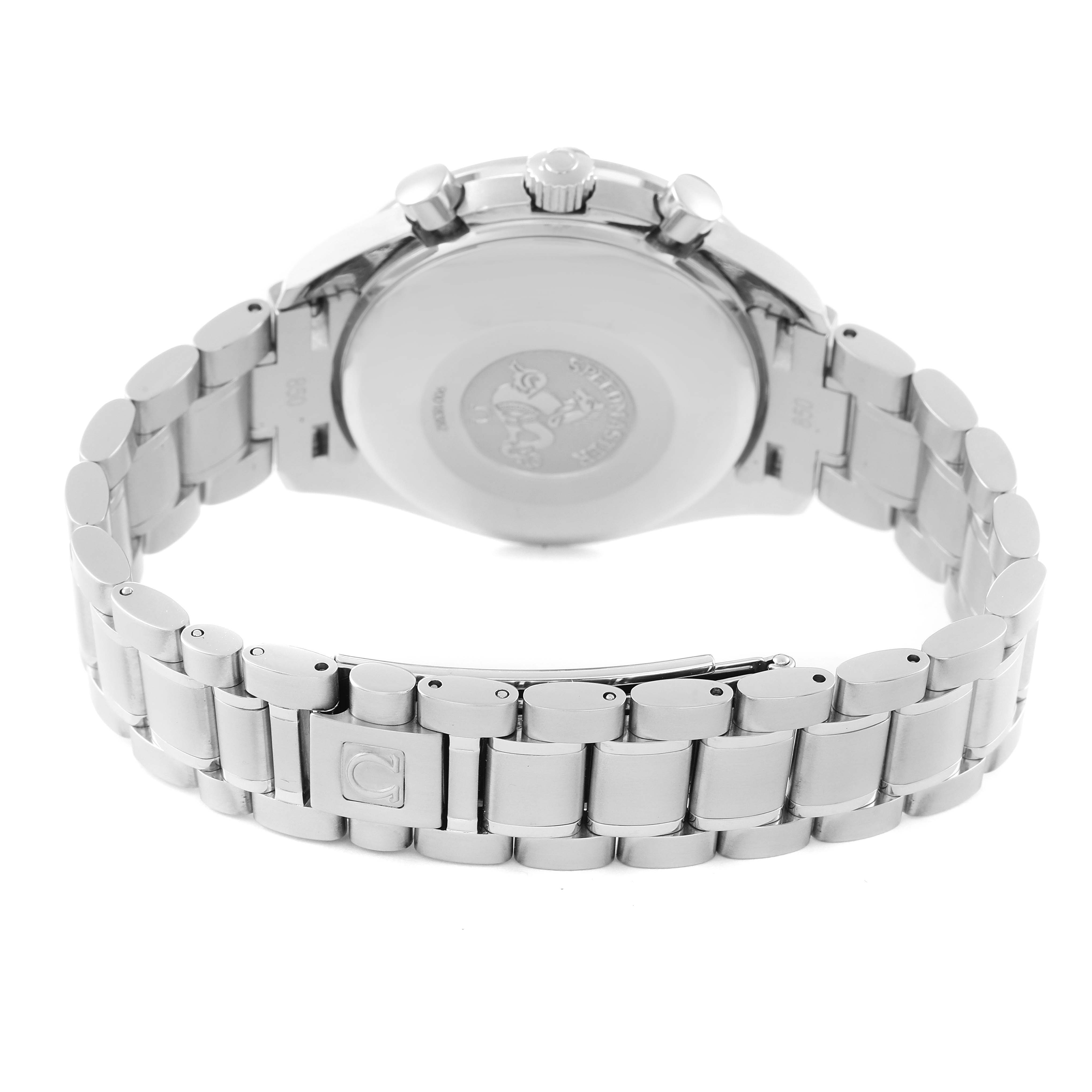 This is a rear view of the Omega Speedmaster 3523.50.00 Men's Stainless Steel Black Dial 3523.50.00 Men's Stainless Steel Black Dial watch, showcasing its case back, crown, pushers, and metal bracelet.