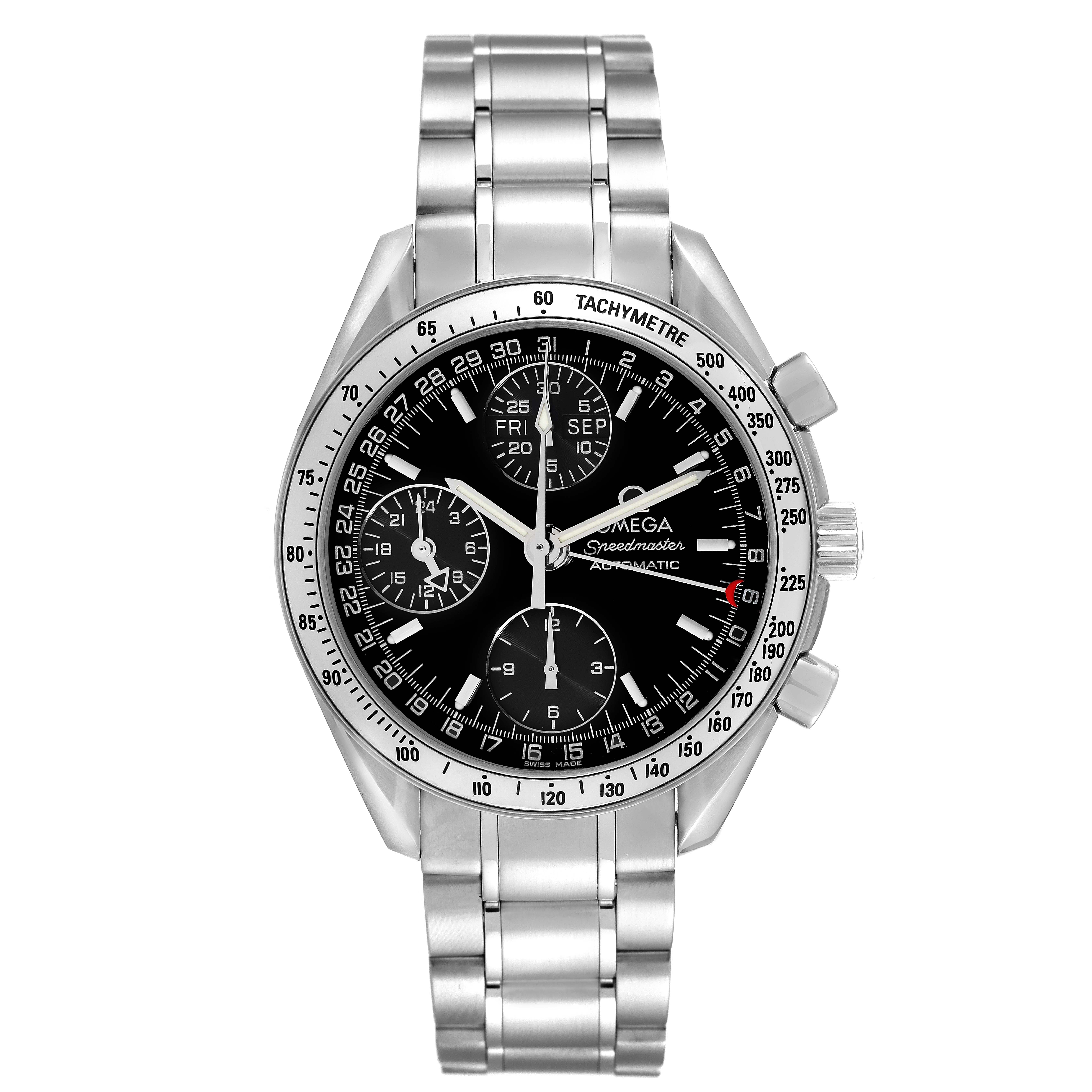 This image shows a front view of the Omega Speedmaster 3523.50.00 Men's Stainless Steel Black Dial 3523.50.00 Men's Stainless Steel Black Dial watch, highlighting its dial, tachymeter, and stainless steel bracelet.