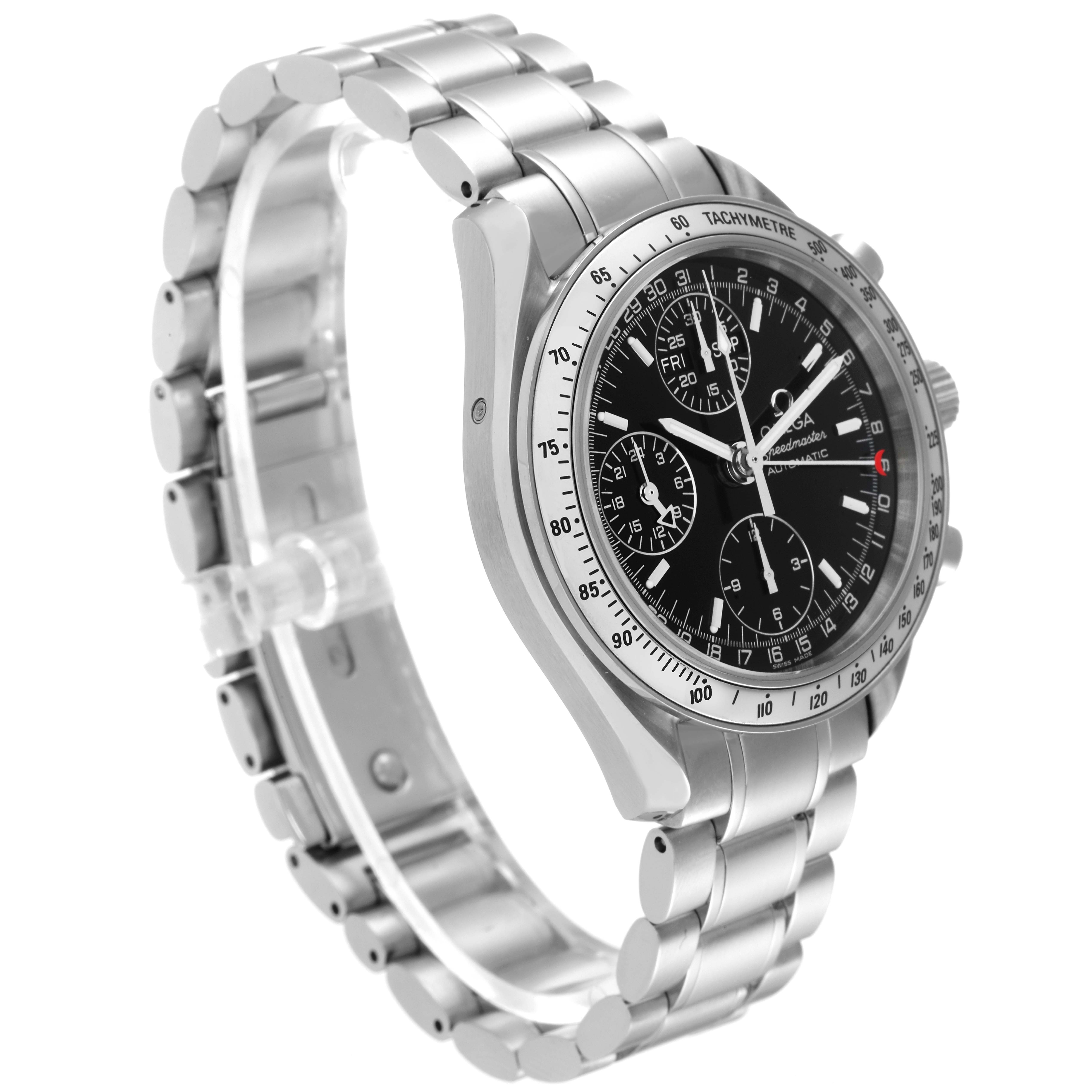 The image shows a side angle of an Omega Speedmaster 3523.50.00 Men's Stainless Steel Black Dial 3523.50.00 Men's Stainless Steel Black Dial watch, highlighting the metal bracelet and black dial with chronograph features.