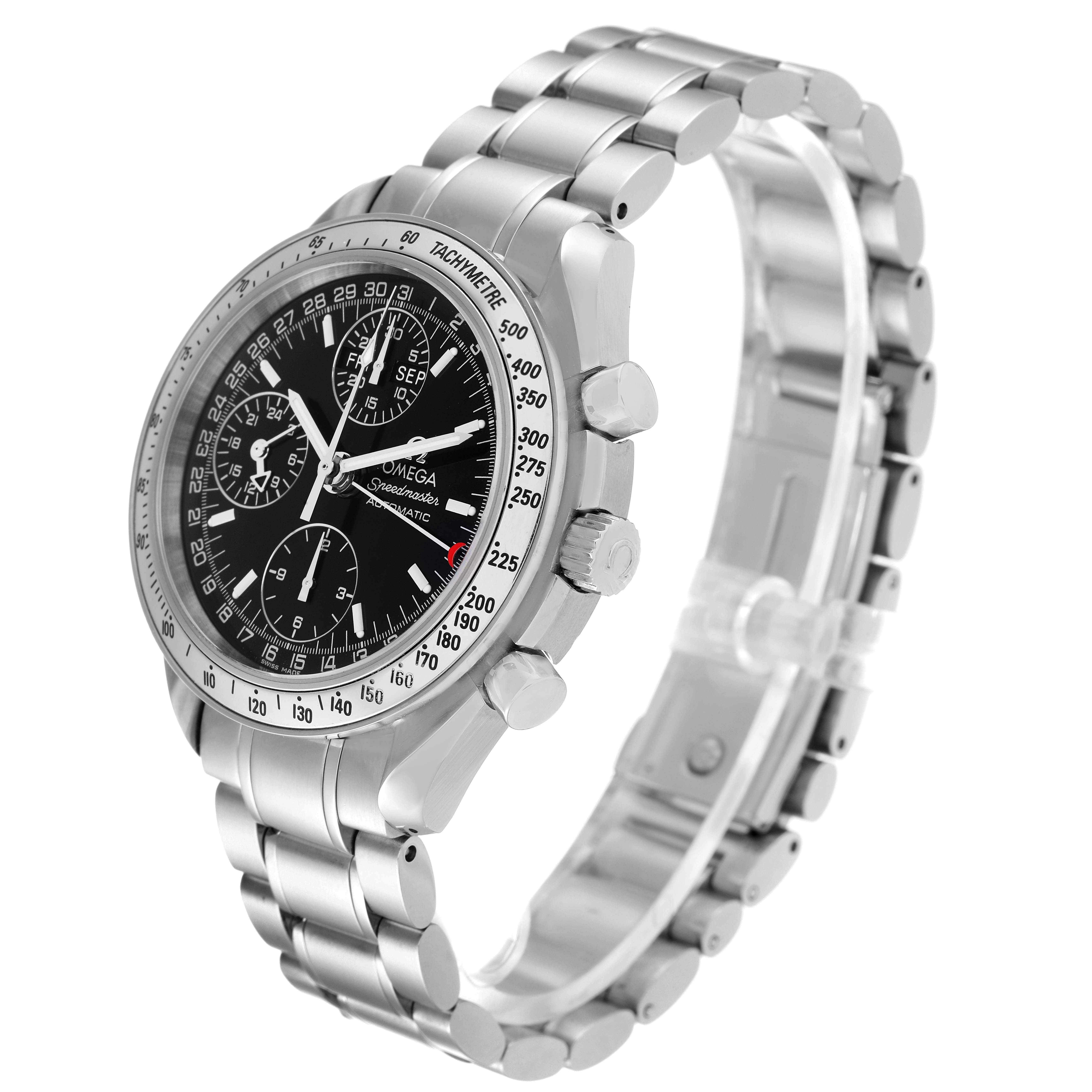 The image shows an Omega Speedmaster 3523.50.00 Men's Stainless Steel Black Dial 3523.50.00 Men's Stainless Steel Black Dial watch at an angled side view, highlighting the dial, bezel, pushers, and bracelet.