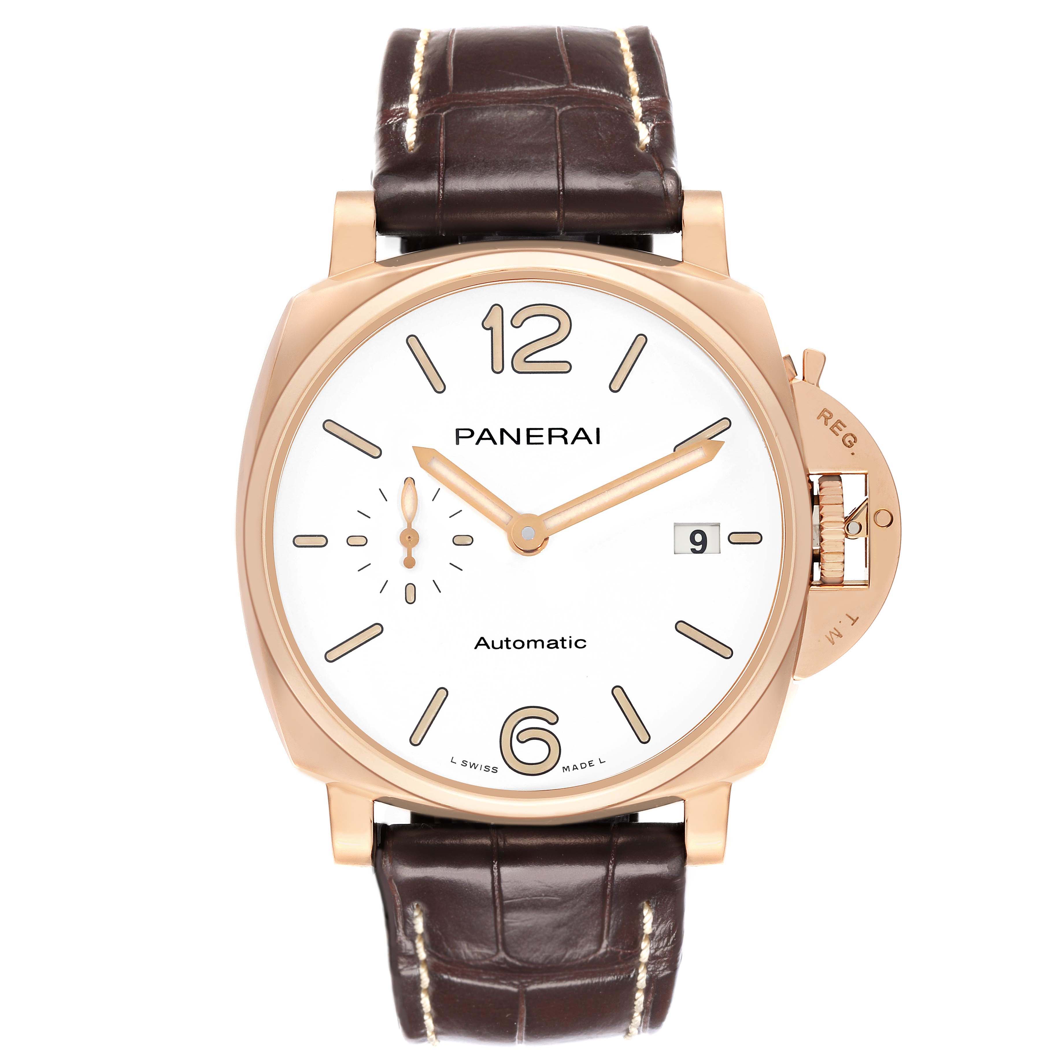 The Panerai Luminor PAM01042 Men's Rose Gold White Dial watch is shown from the front, highlighting the dial, case, and crown guard.
