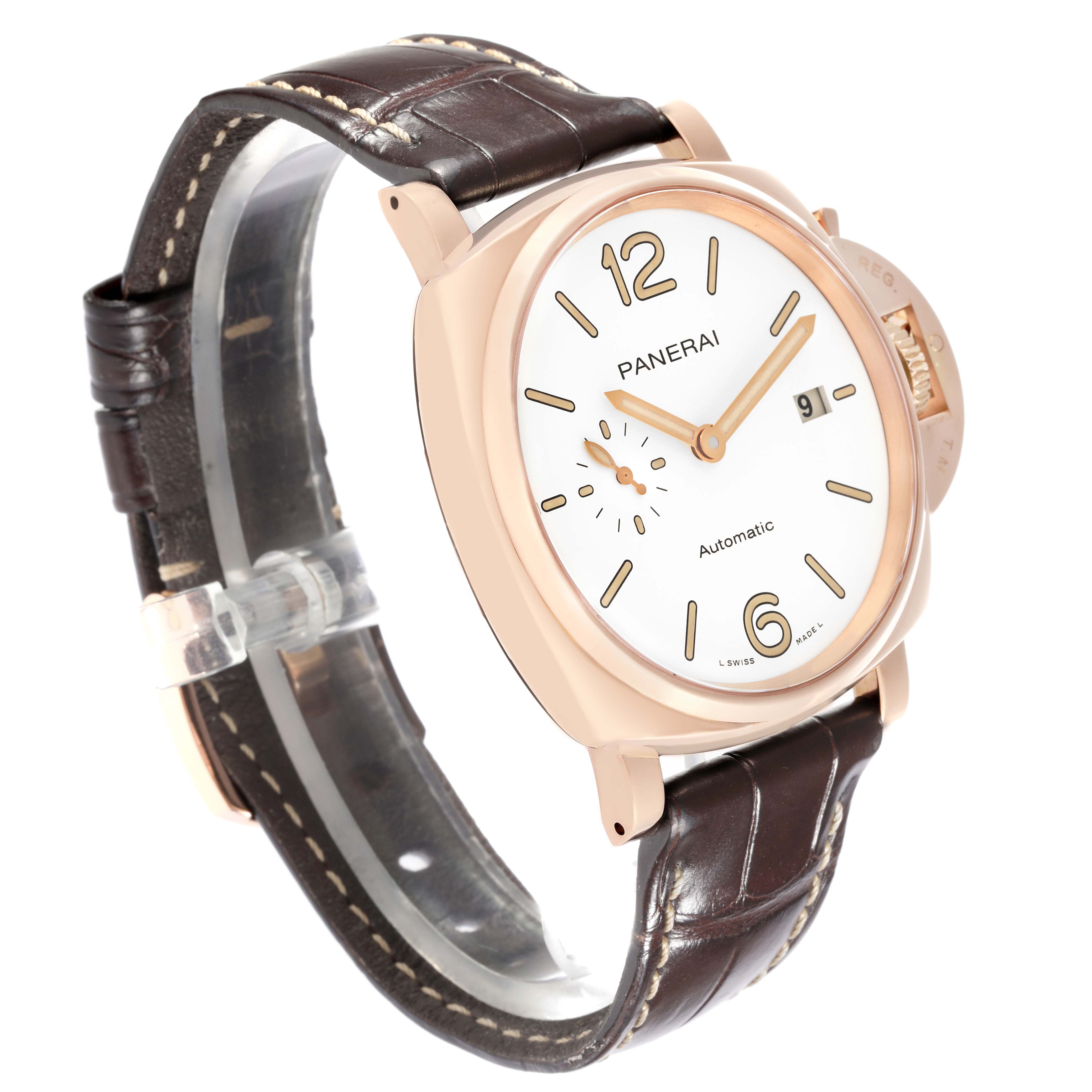 The image shows a Panerai Luminor PAM01042 Men's Rose Gold White Dial watch at a three-quarter angle, highlighting its face, case, and leather strap.
