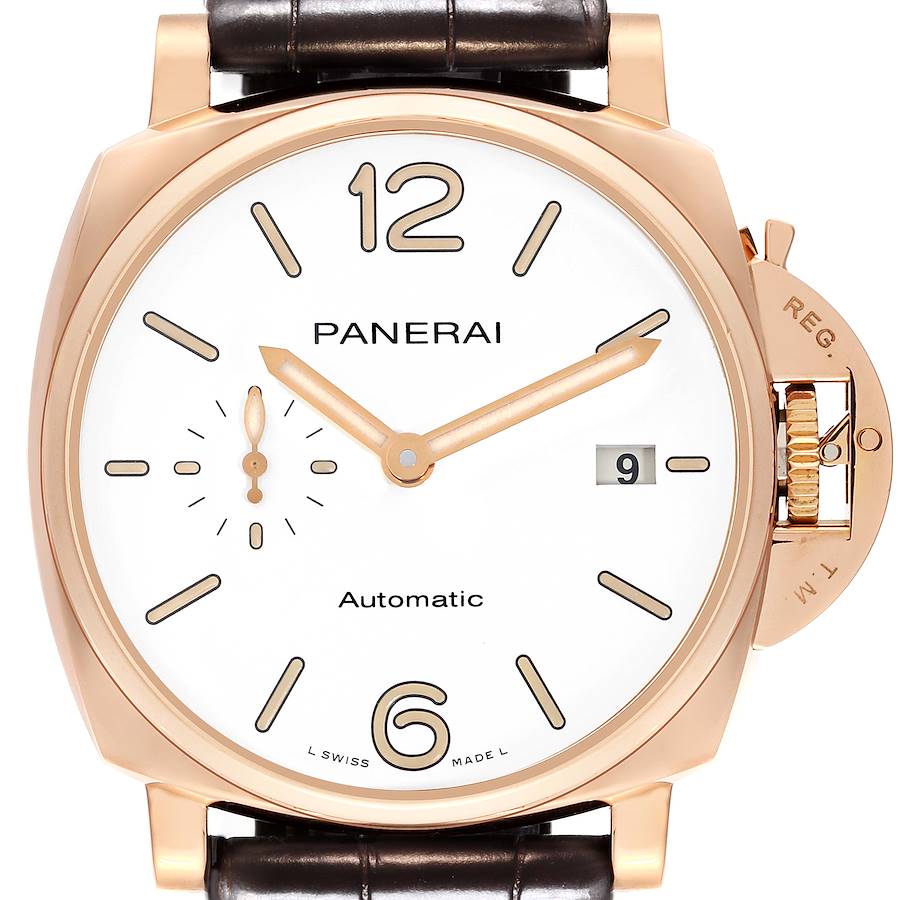 The image shows a frontal view of a Panerai Luminor watch, highlighting the dial, hands, and crown guard.