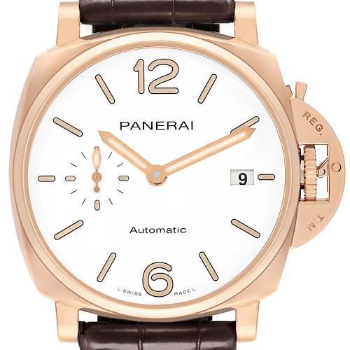 The Panerai Luminor PAM01042 Men's Rose Gold White Dial watch is shown from the front, displaying its dial, hands, crown guard, and leather strap.