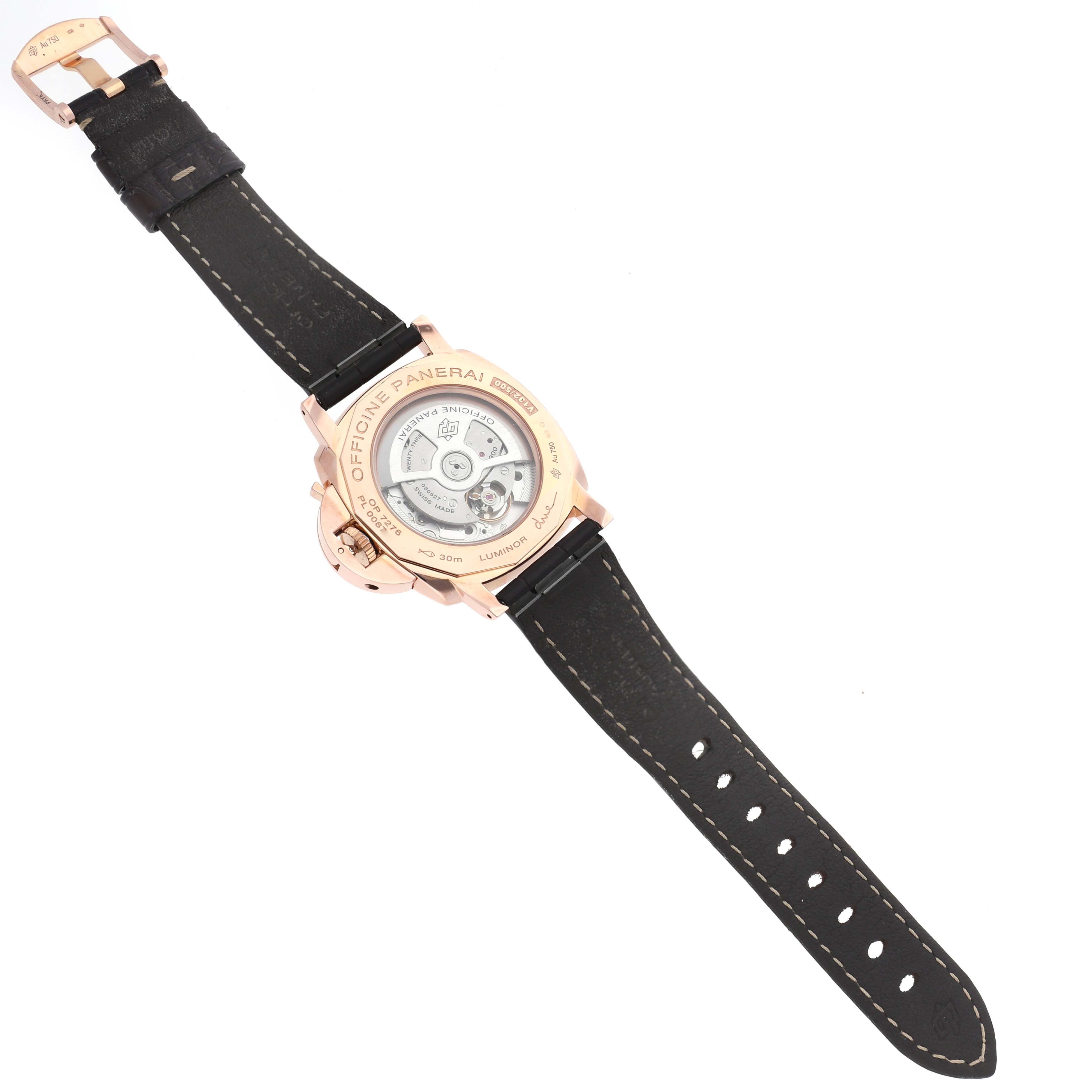 The image shows the back view of a Panerai Luminor PAM01042 Men's Rose Gold White Dial PAM01042 Men's Rose Gold White Dial watch, highlighting the transparent case back and leather strap.