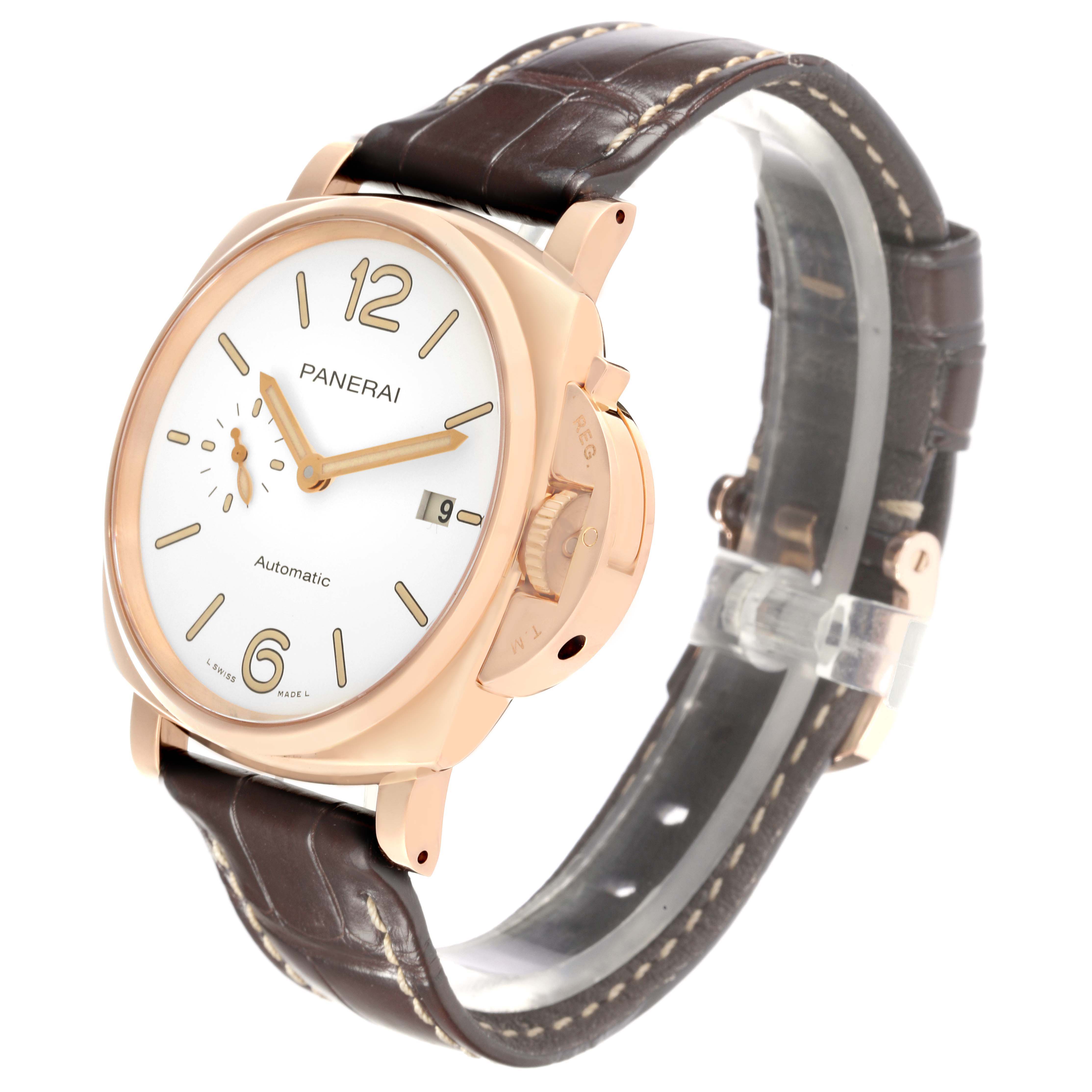 The Panerai Luminor PAM01042 Men's Rose Gold White Dial watch is shown at an angled side view, highlighting its case, dial, crown guard, and leather strap.