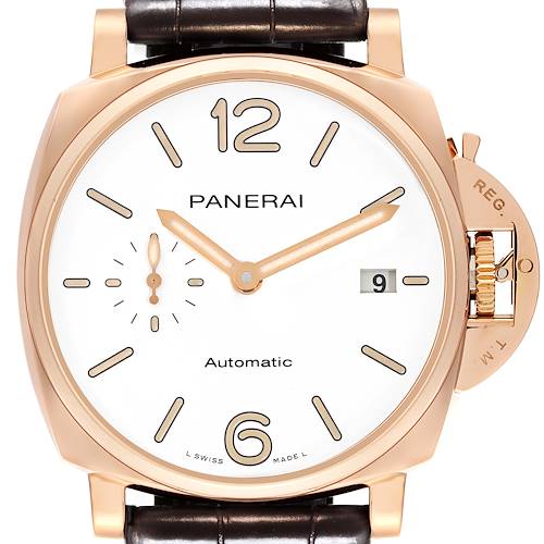 The Panerai Luminor watch is shown from the front, highlighting the dial, hands, date window, and crown guard.