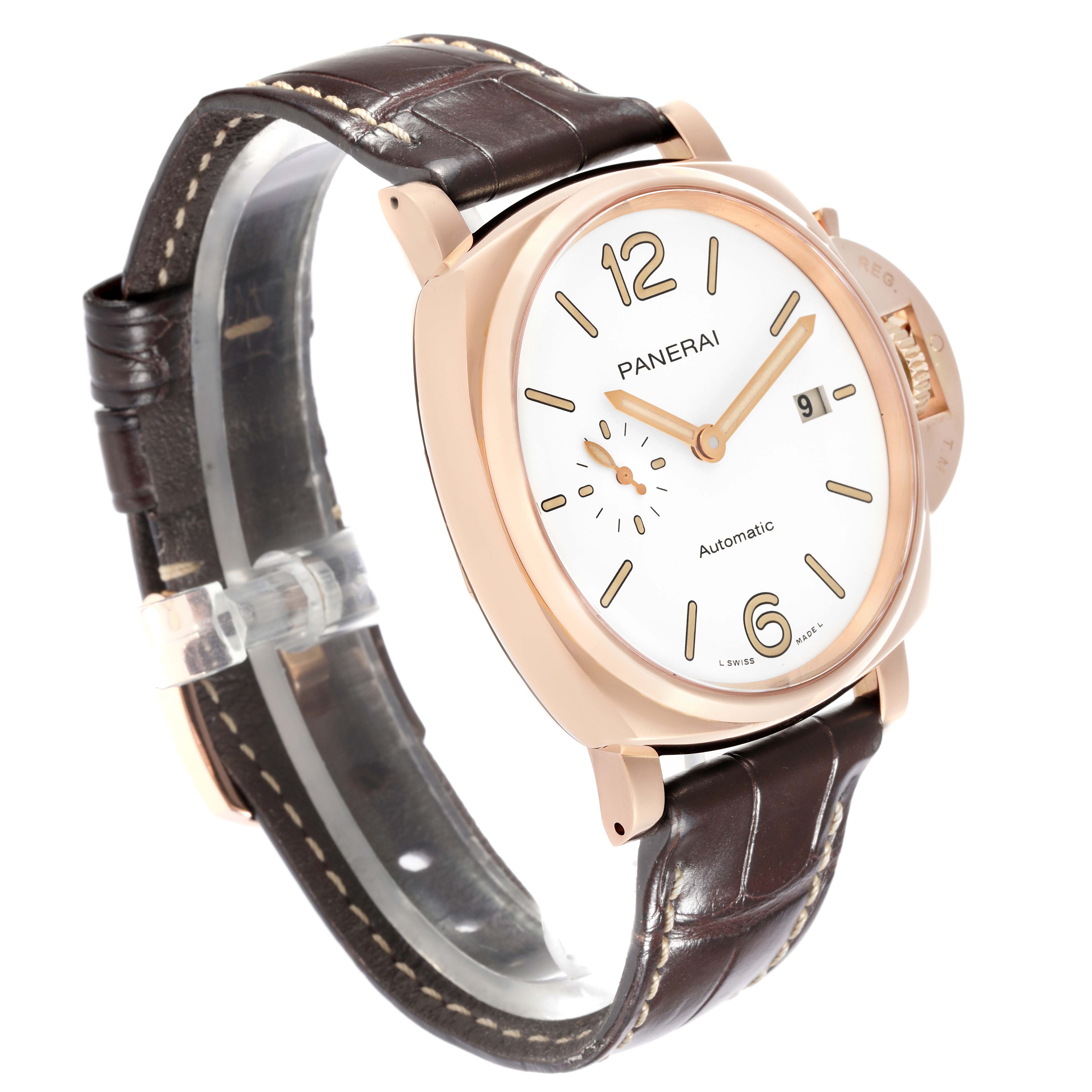 The Panerai Luminor PAM01042 Men's Rose Gold White Dial PAM01042 Men's Rose Gold White Dial watch is shown at a three-quarter angle, highlighting the dial, case, and strap.