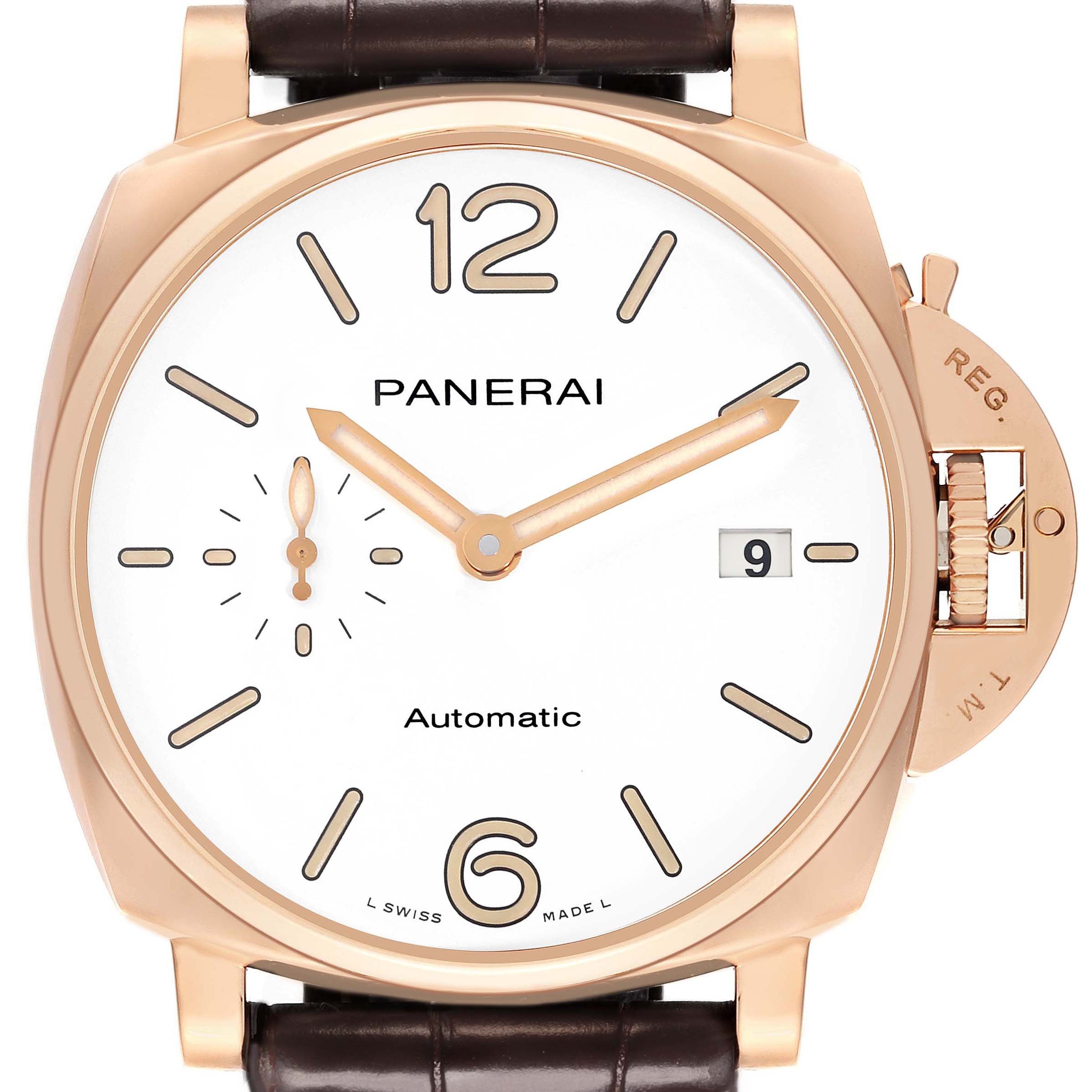 The Panerai Luminor PAM01042 Men's Rose Gold White Dial watch is shown from the front, highlighting the dial, hands, date window, and crown guard.