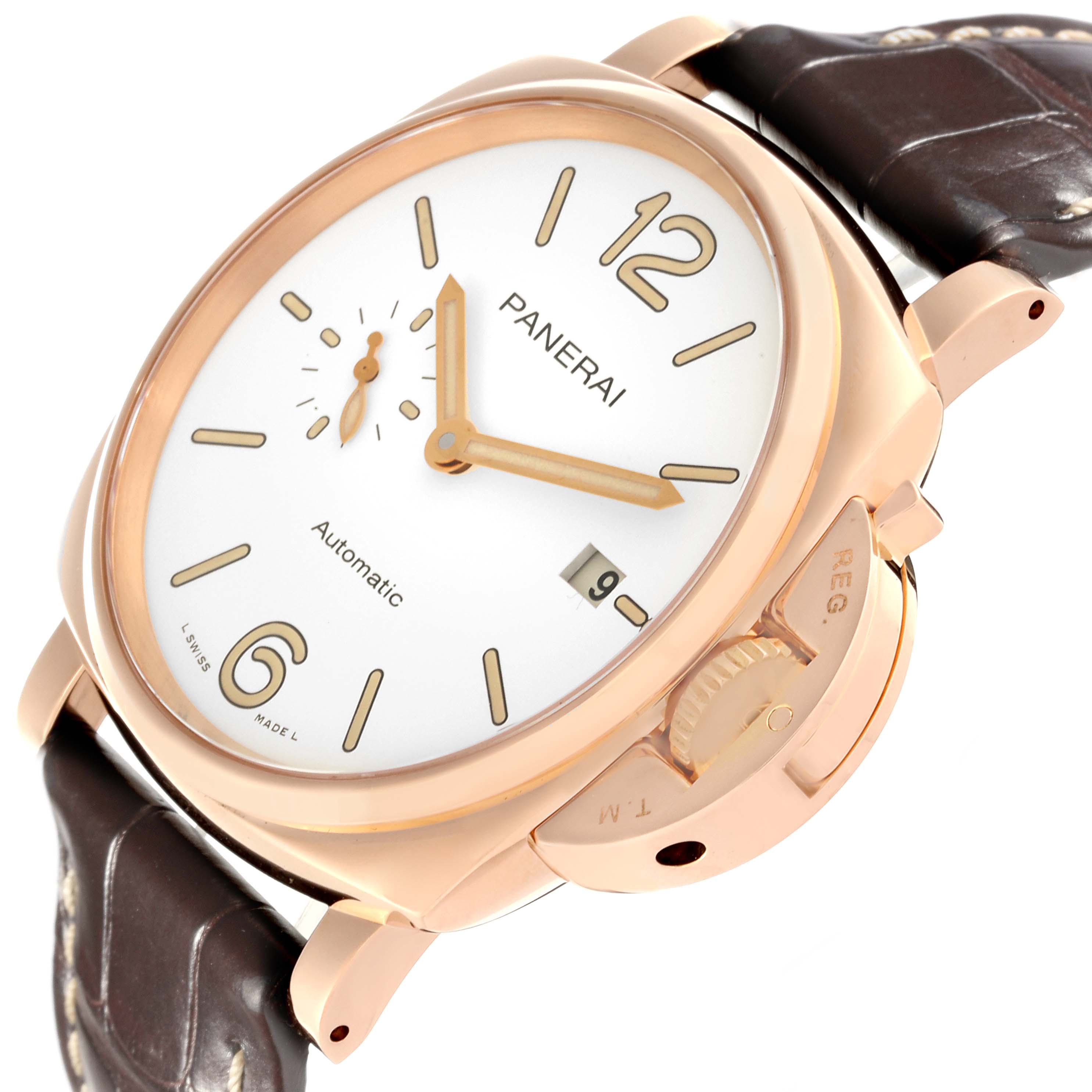 The Panerai Luminor PAM01042 Men's Rose Gold White Dial PAM01042 Men's Rose Gold White Dial watch is shown from a slight angle, highlighting its face, crown guard, and leather strap.