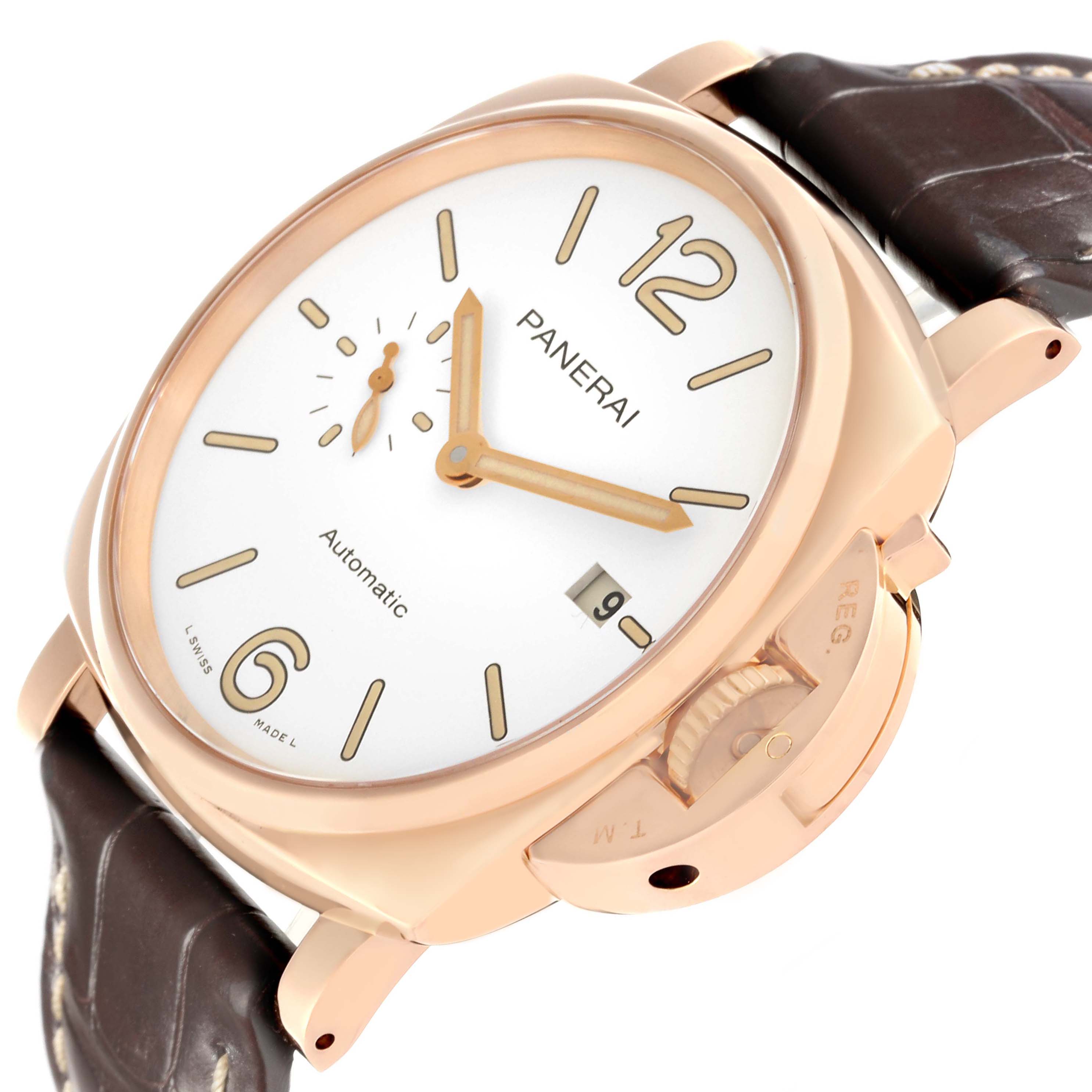 The image shows a Panerai Luminor PAM01042 Men's Rose Gold White Dial watch at an angled view, highlighting the dial, crown guard, and leather strap.