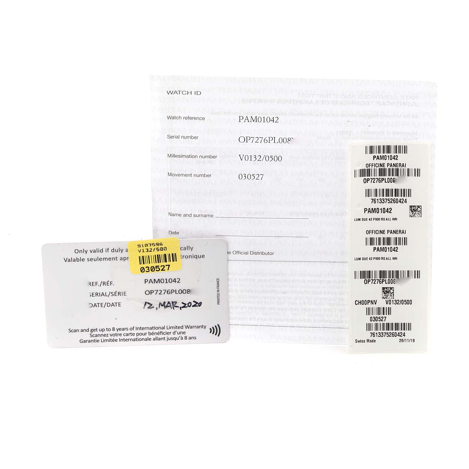 The image shows watch documentation and tags for the Panerai Luminor PAM01042 Men's Rose Gold White Dial PAM01042 Men's Rose Gold White Dial model PAM01042.