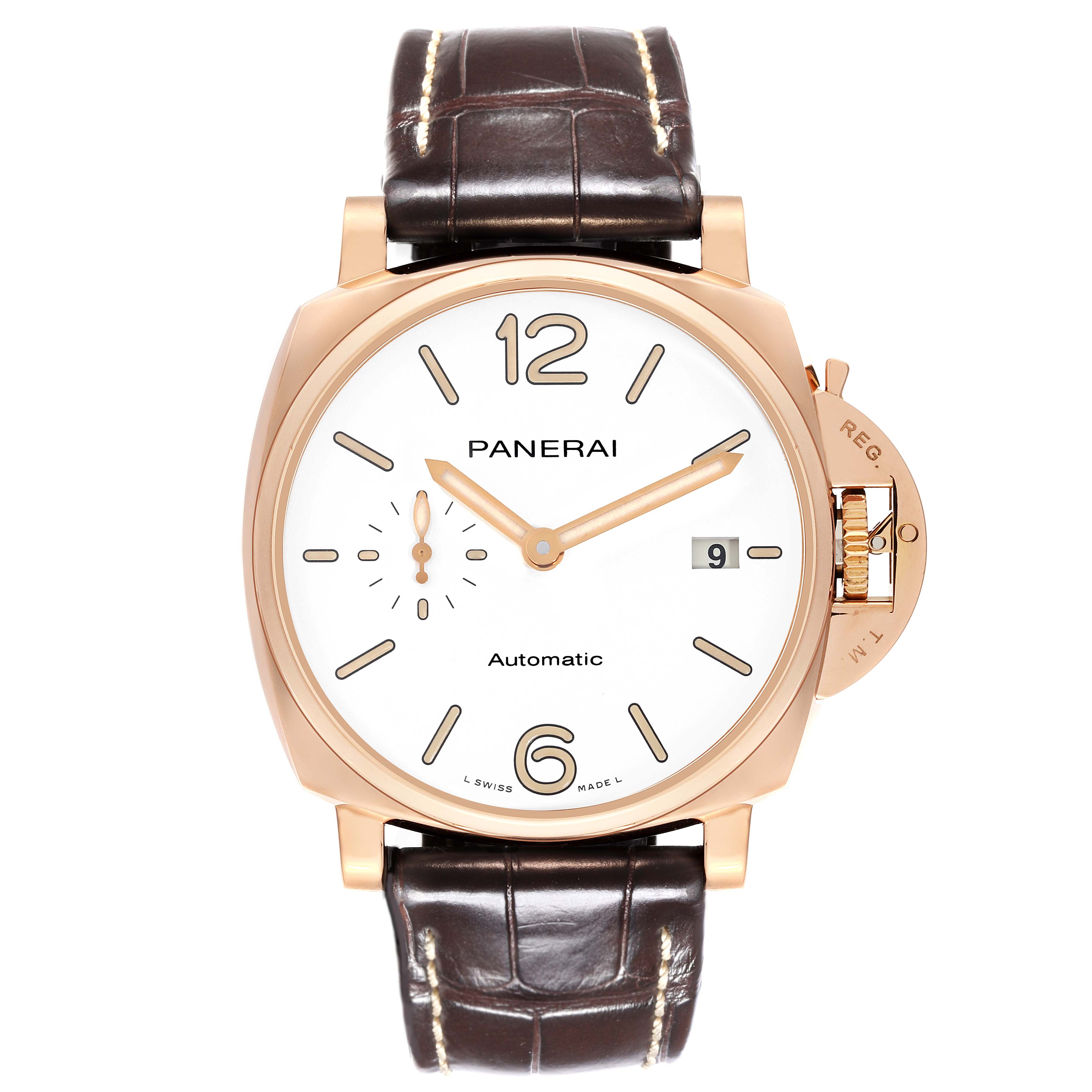 The image shows a front view of the Panerai Luminor PAM01042 Men's Rose Gold White Dial PAM01042 Men's Rose Gold White Dial watch, highlighting its face, case, and crown guard.