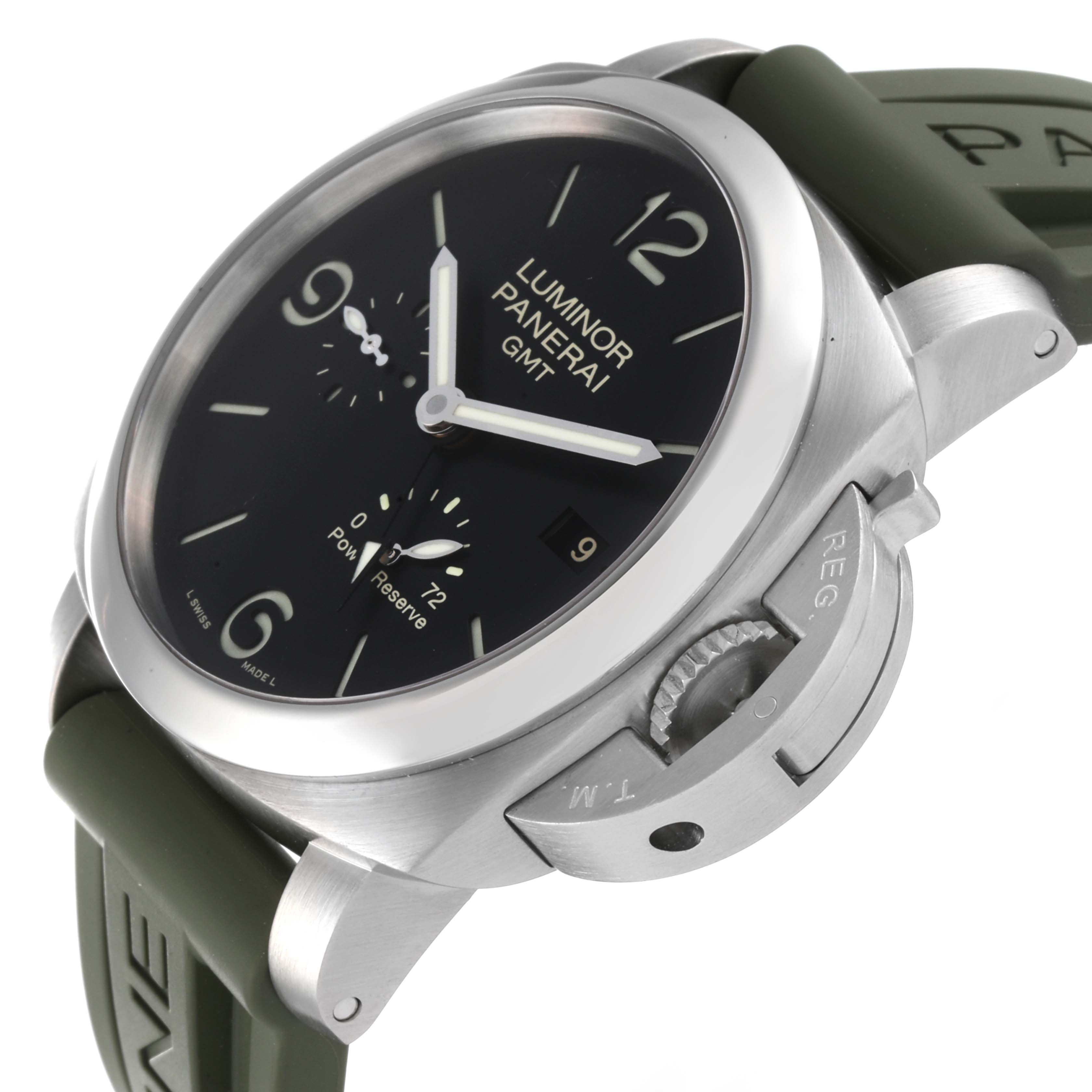 The image shows a Panerai Luminor PAM00321 Men's Stainless Steel Black Dial PAM00321 Men's Stainless Steel Black Dial watch at a slight angle, displaying its dial, crown guard, and olive-green strap.