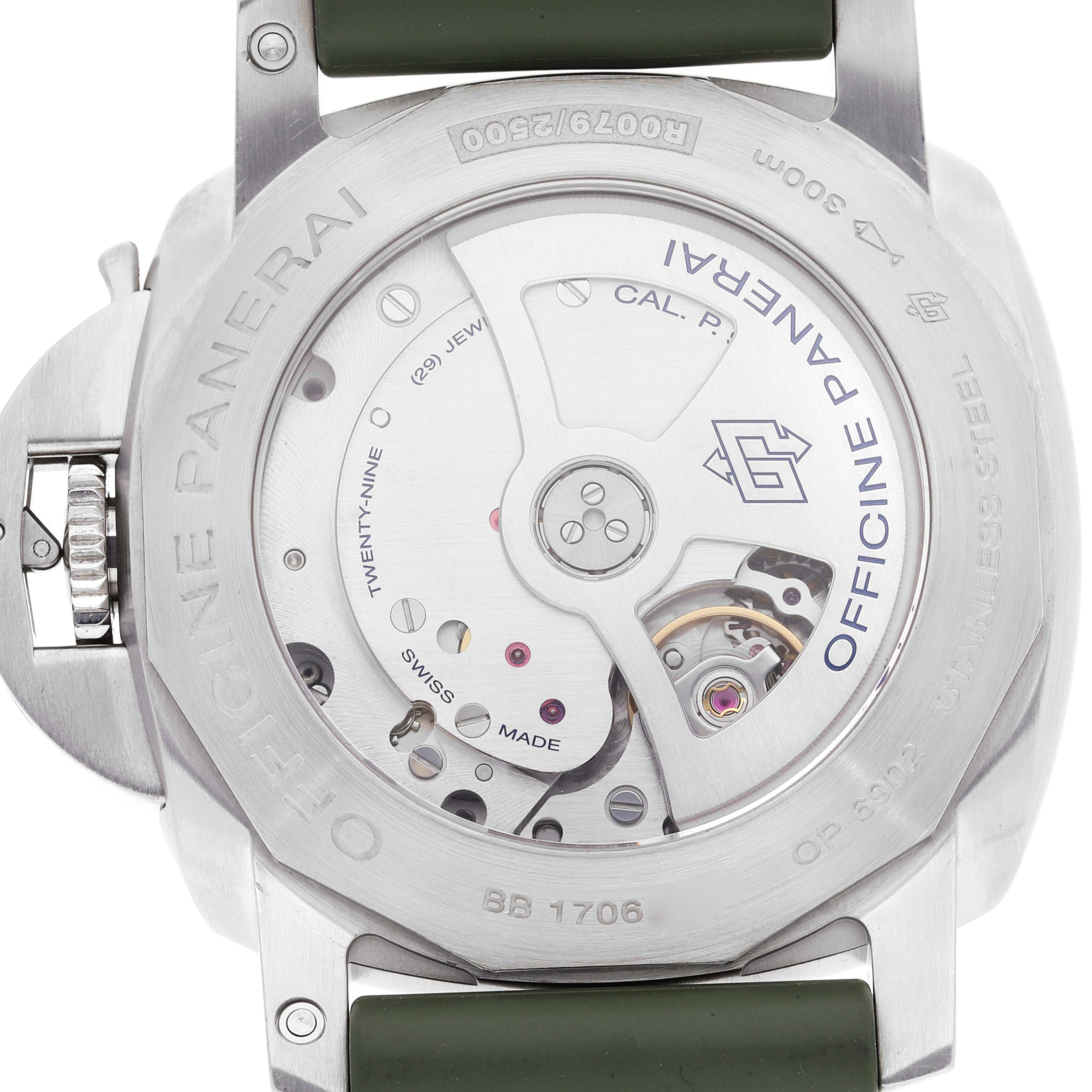 This image shows the case back and movement mechanism of the Panerai Luminor PAM00321 Men's Stainless Steel Black Dial PAM00321 Men's Stainless Steel Black Dial watch.