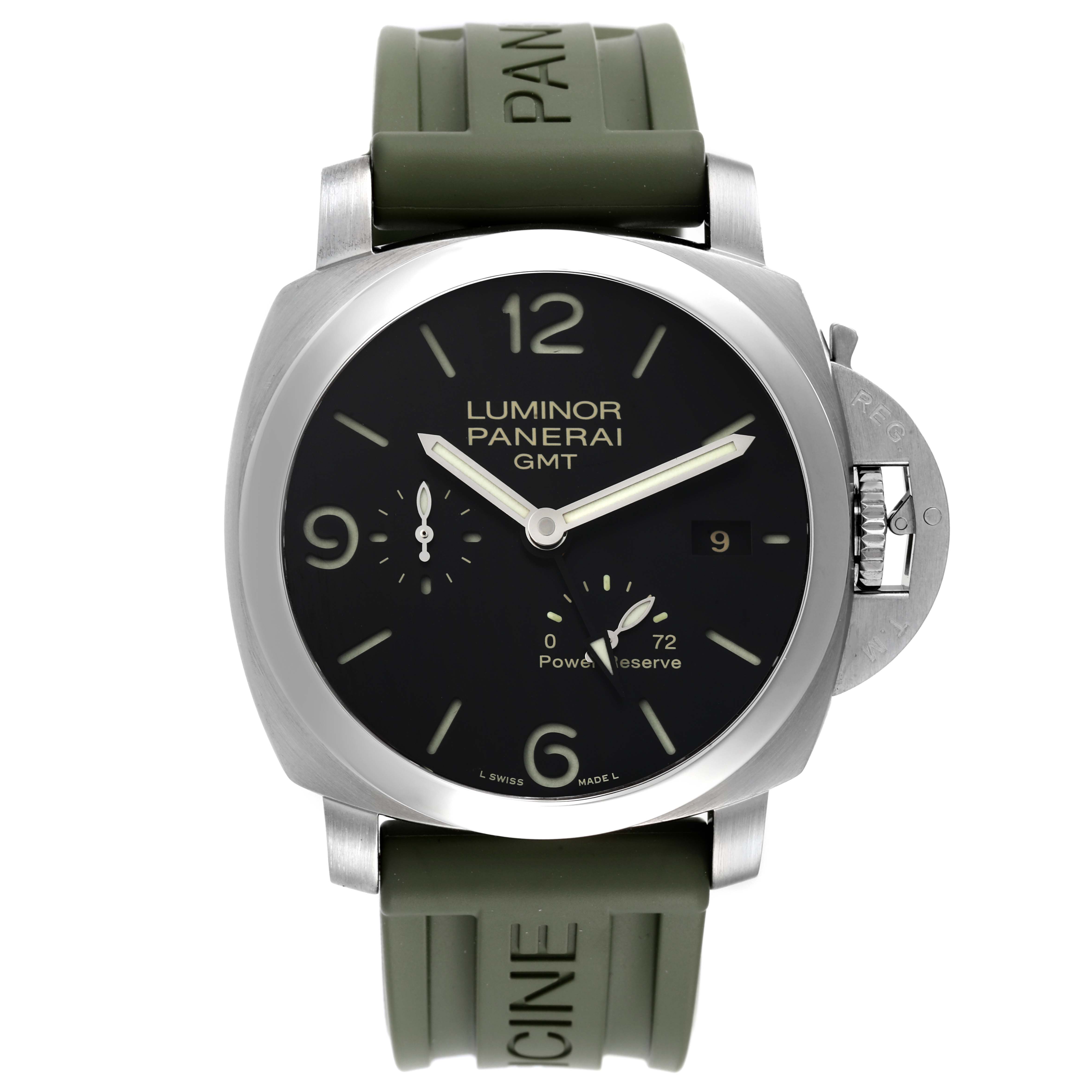 The image shows a front view of the Panerai Luminor PAM00321 Men's Stainless Steel Black Dial PAM00321 Men's Stainless Steel Black Dial GMT watch, featuring its dial, case, and olive-green strap.
