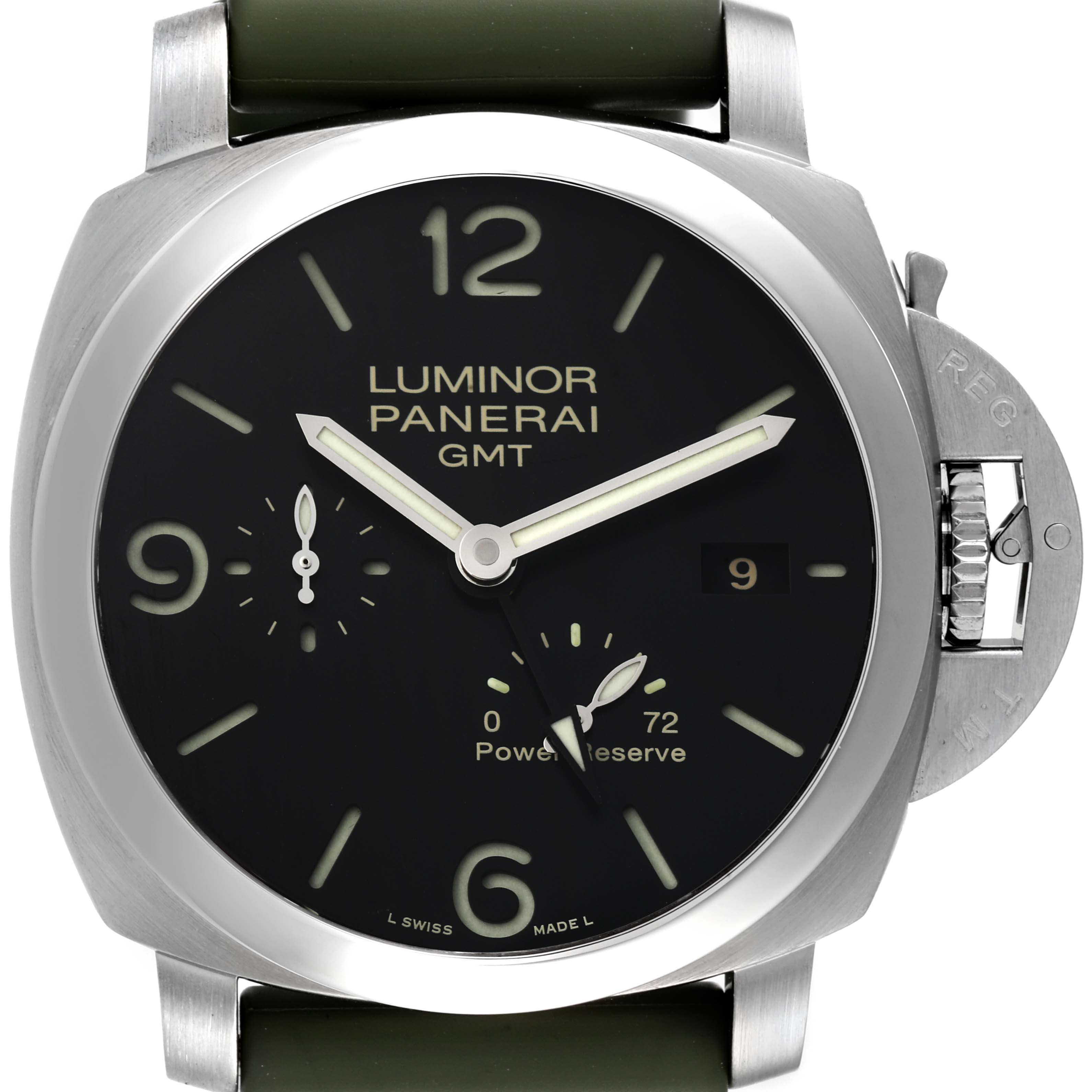 The image shows the face of a Panerai Luminor PAM00321 Men's Stainless Steel Black Dial PAM00321 Men's Stainless Steel Black Dial GMT watch, highlighting its dial, hands, date, and crown guard at a straight-on angle.