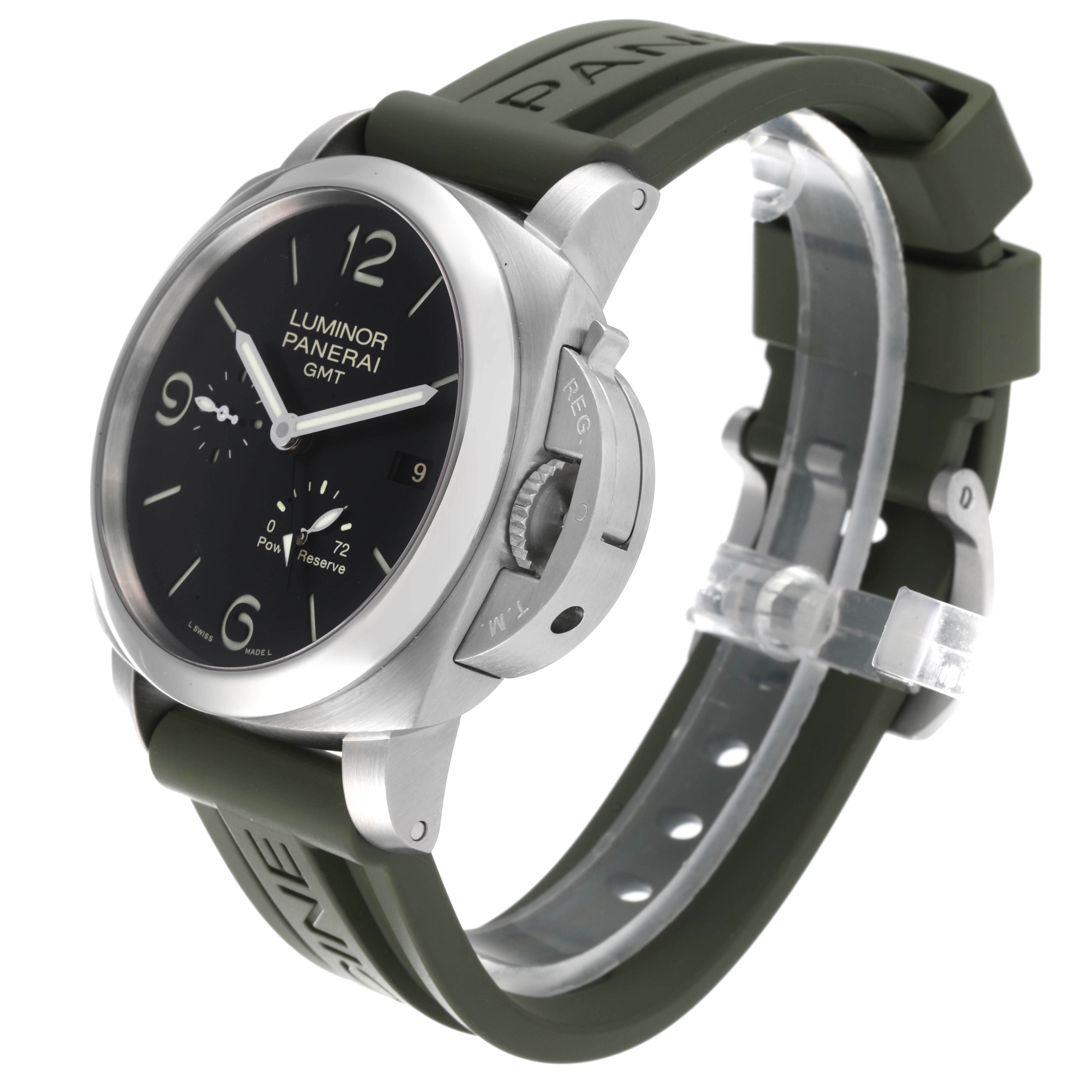 The image shows a Panerai Luminor PAM00321 Men's Stainless Steel Black Dial PAM00321 Men's Stainless Steel Black Dial model watch from a side angle, highlighting the dial, crown guard, and green rubber strap.