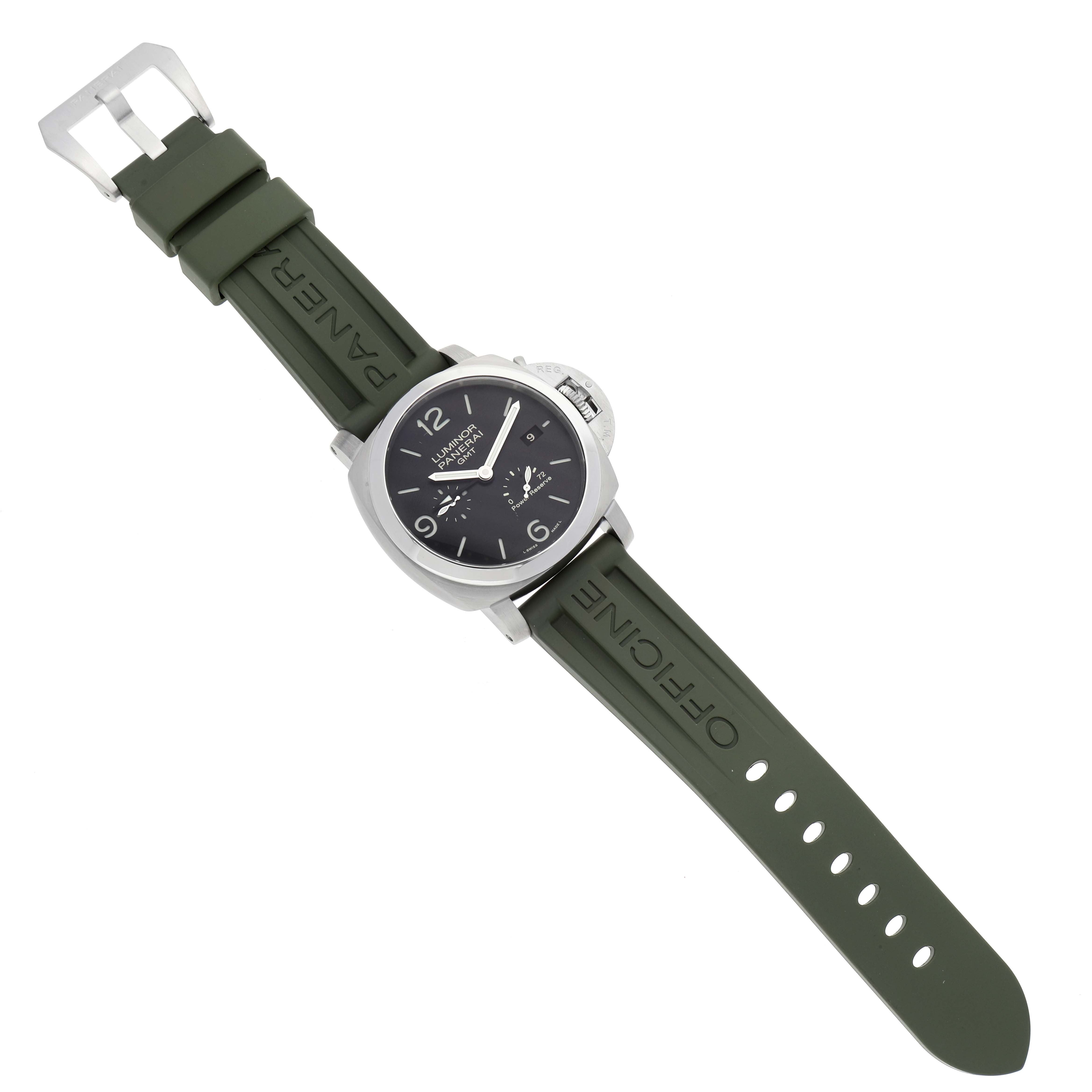 The image shows a top-down angle view of a Panerai Luminor PAM00321 Men's Stainless Steel Black Dial PAM00321 Men's Stainless Steel Black Dial watch with a green rubber strap.