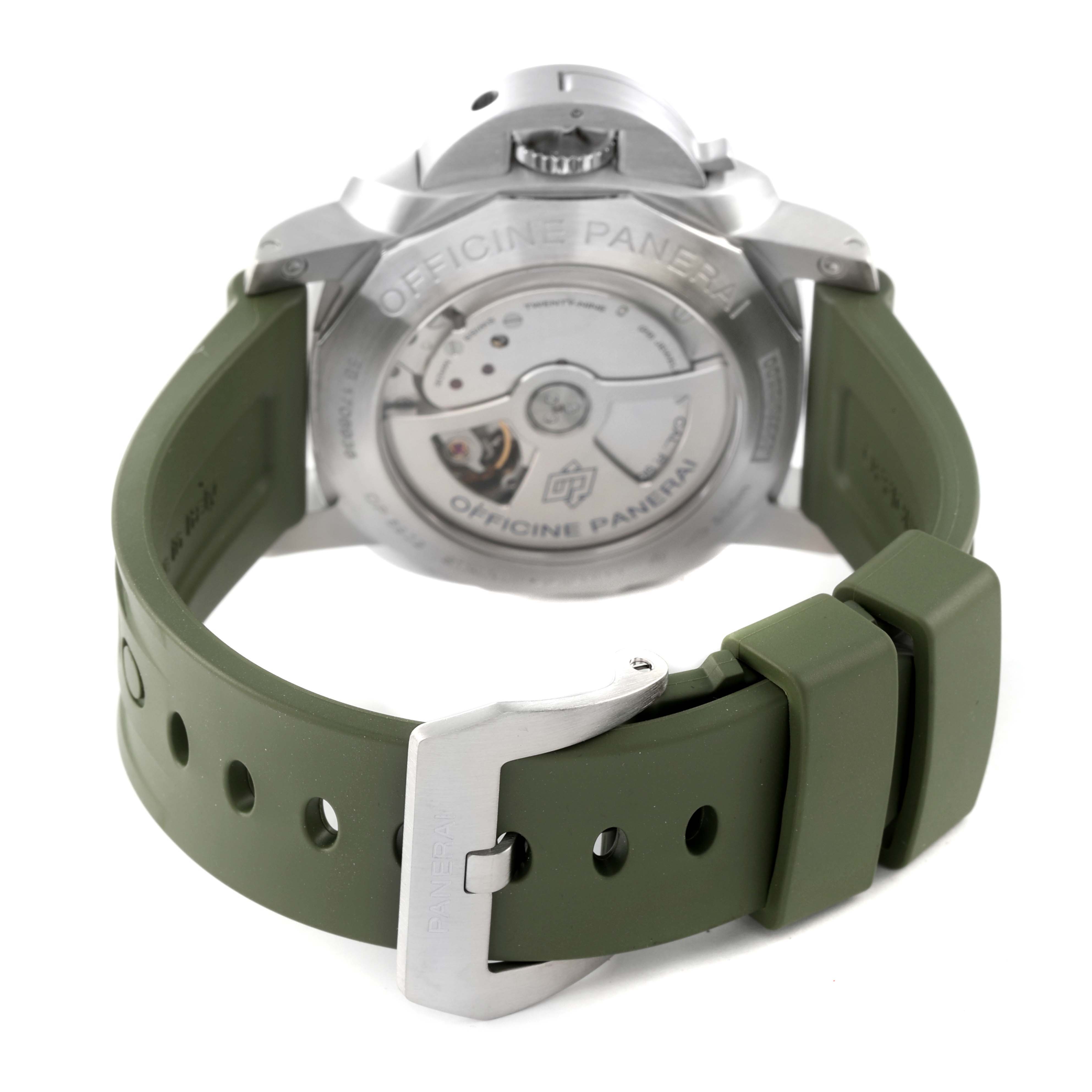 The image shows the back view of a Panerai Luminor PAM00321 Men's Stainless Steel Black Dial PAM00321 Men's Stainless Steel Black Dial watch, highlighting its green strap and exposed movement.