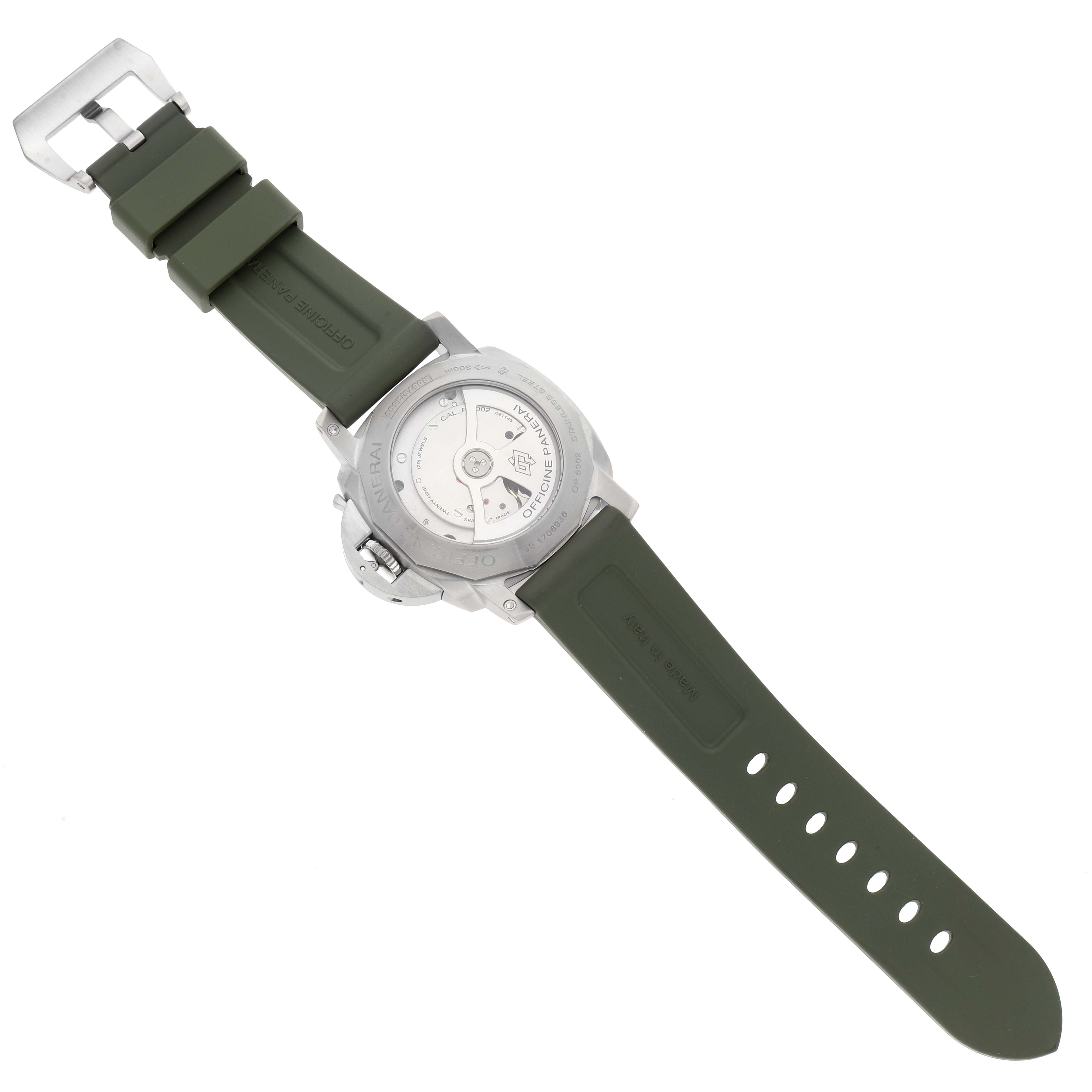 The image shows the back view of a Panerai Luminor PAM00321 Men's Stainless Steel Black Dial PAM00321 Men's Stainless Steel Black Dial watch with an olive green strap and visible internal mechanism.