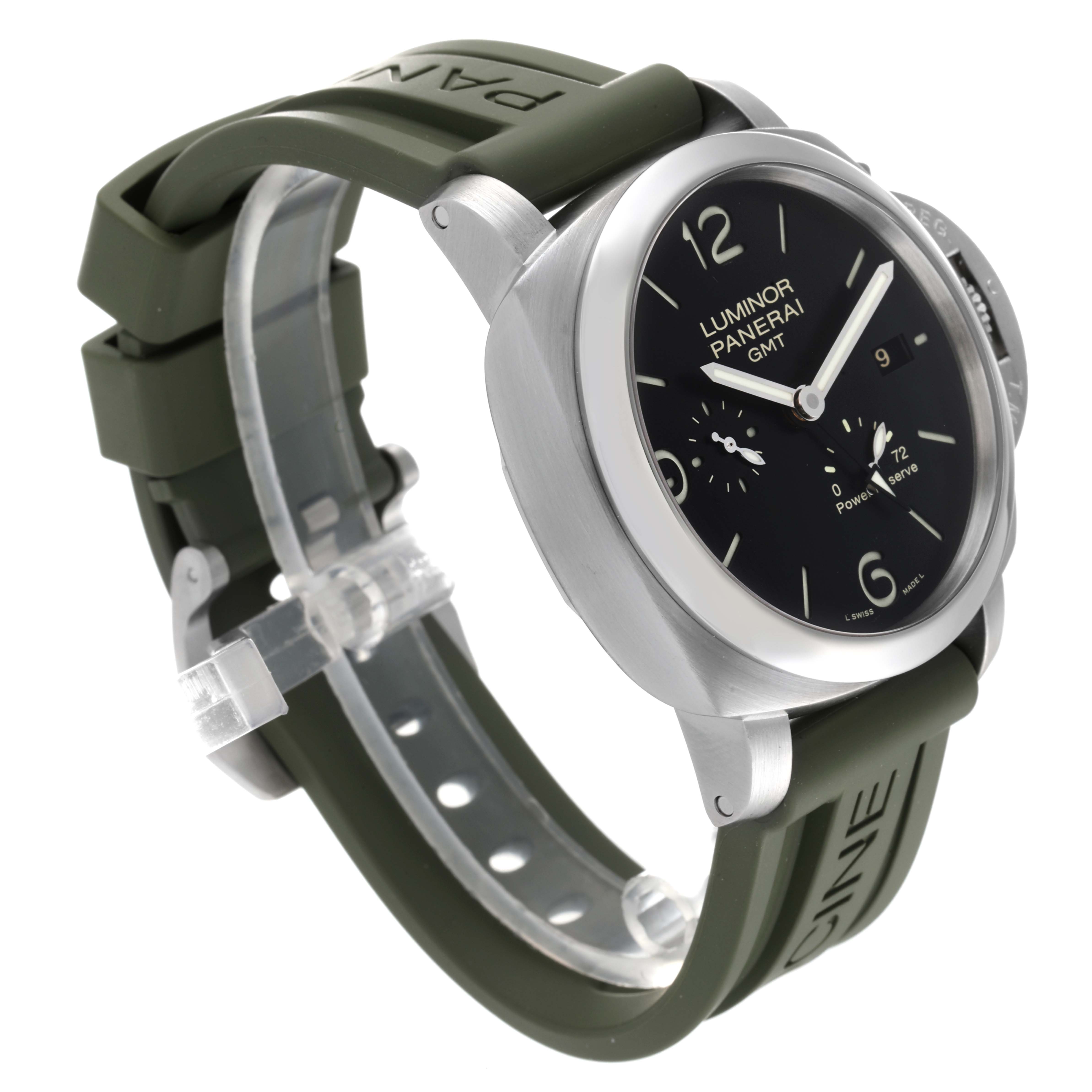 The image shows a Panerai Luminor PAM00321 Men's Stainless Steel Black Dial PAM00321 Men's Stainless Steel Black Dial model watch at a three-quarter angle, highlighting its dial, case, and green rubber strap.