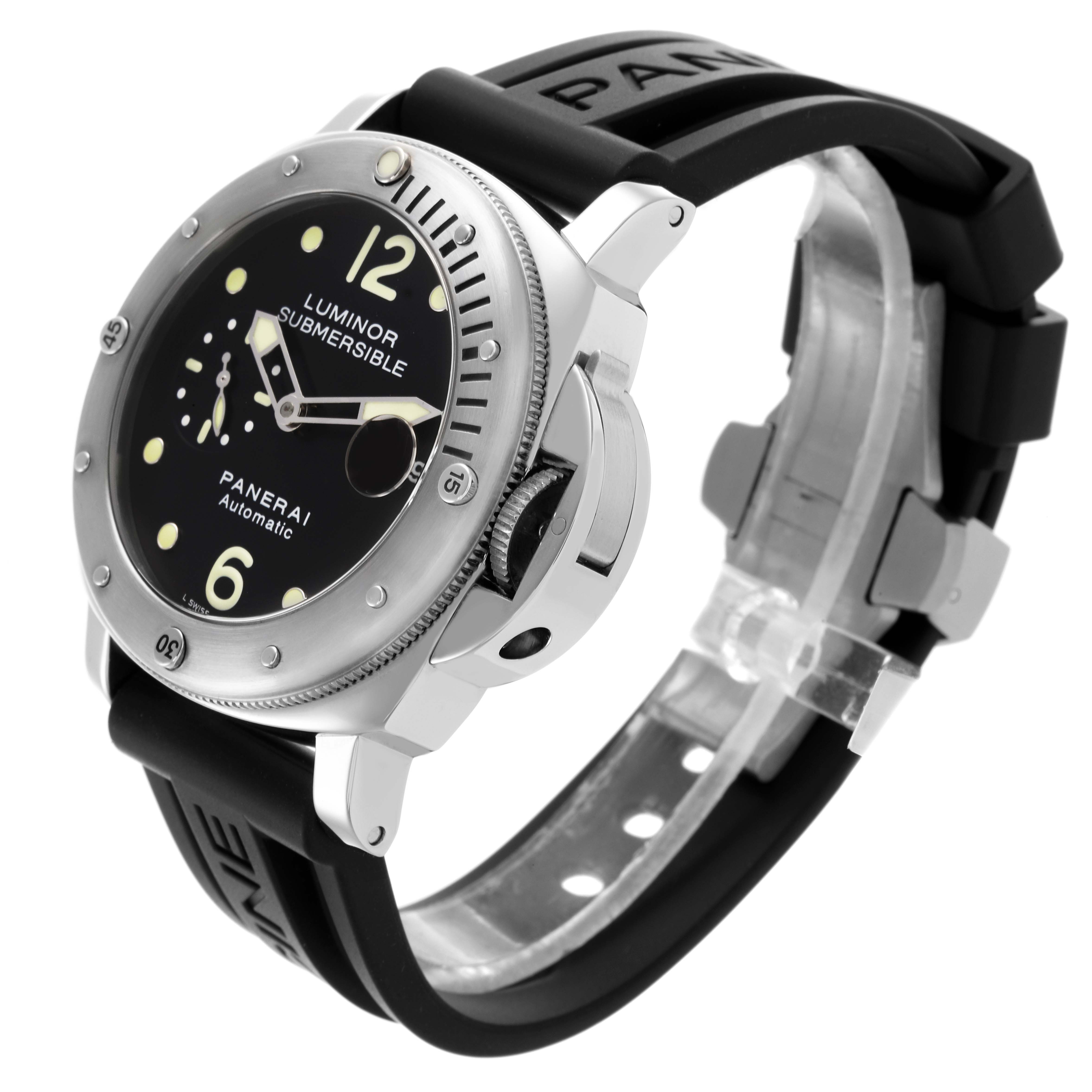 The Panerai Submersible PAM00024 Men's Stainless Steel Black Dial PAM00024 Men's Stainless Steel Black Dial watch is shown at an angled side view, displaying the face, bezel, crown guard, and strap.