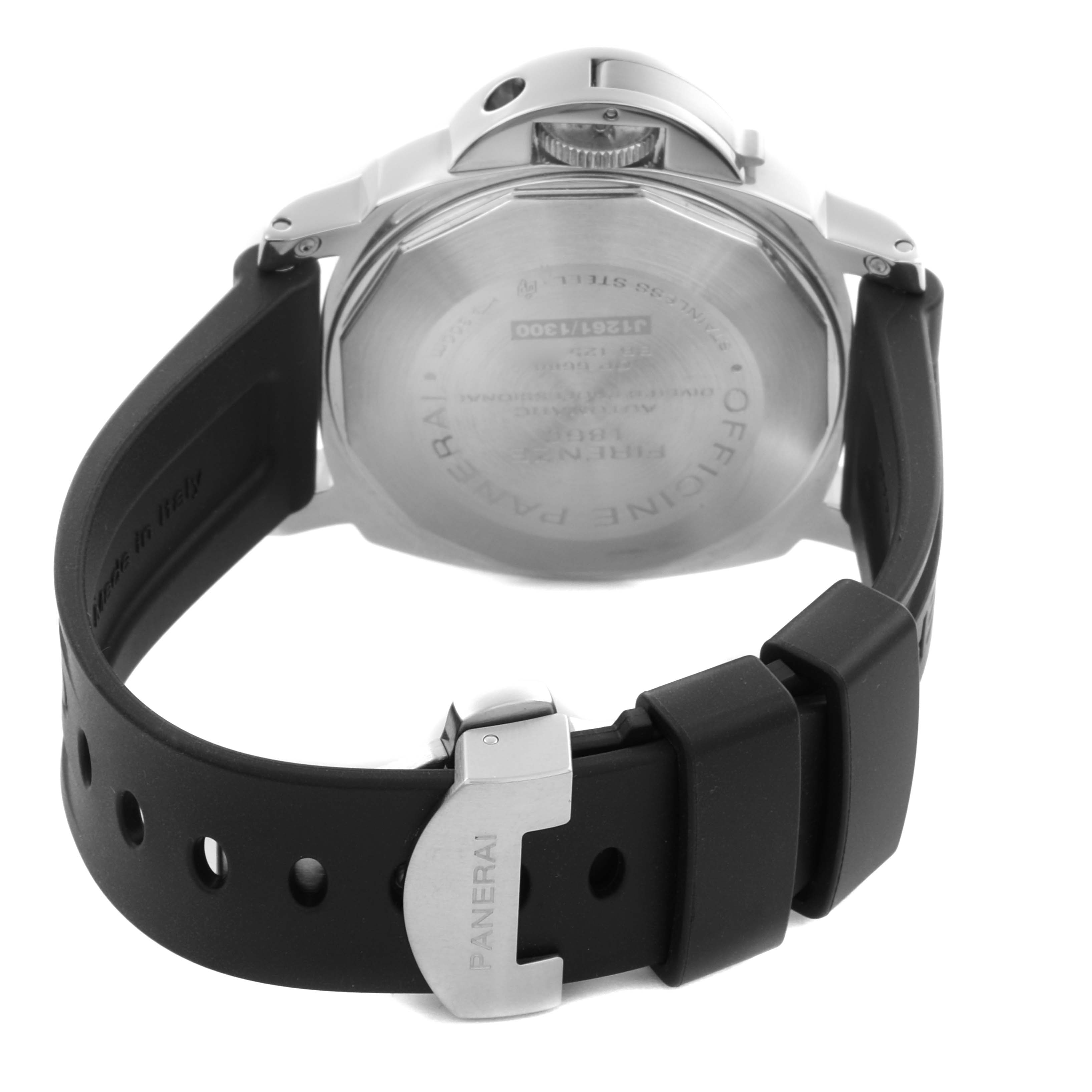 The image shows the back of a Panerai Submersible PAM00024 Men's Stainless Steel Black Dial PAM00024 Men's Stainless Steel Black Dial watch, highlighting the case back and rubber strap with buckle.