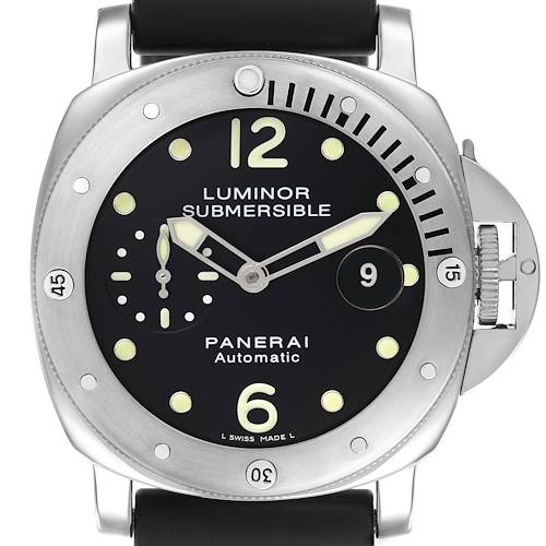 The Panerai Submersible watch is shown from the front, displaying the dial and bezel features.