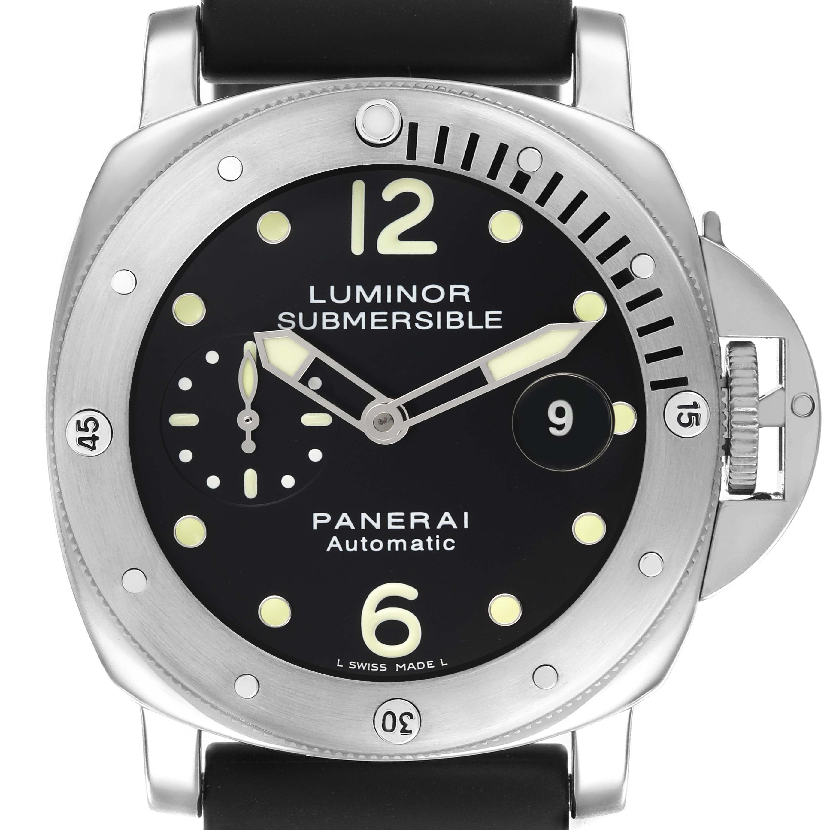 The Panerai Submersible PAM00024 Men's Stainless Steel Black Dial PAM00024 Men's Stainless Steel Black Dial watch is shown from the front, displaying its dial, bezel, and crown guard.