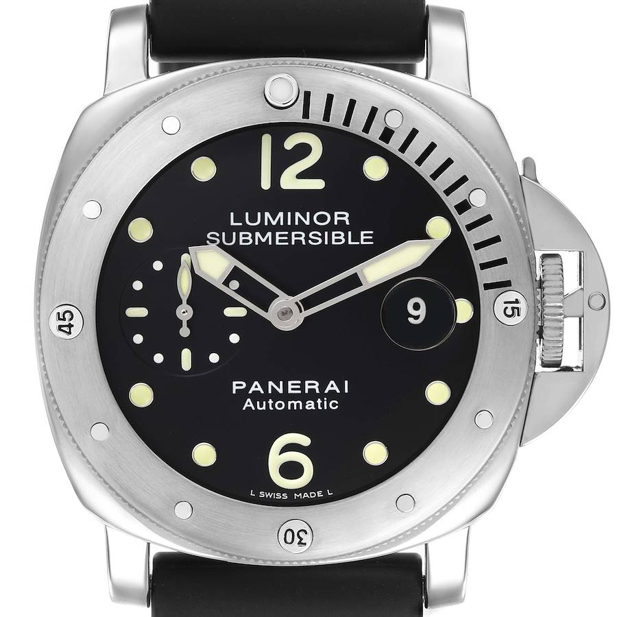 The Panerai Submersible watch is shown from the front, displaying its dial, bezel, and crown guard.