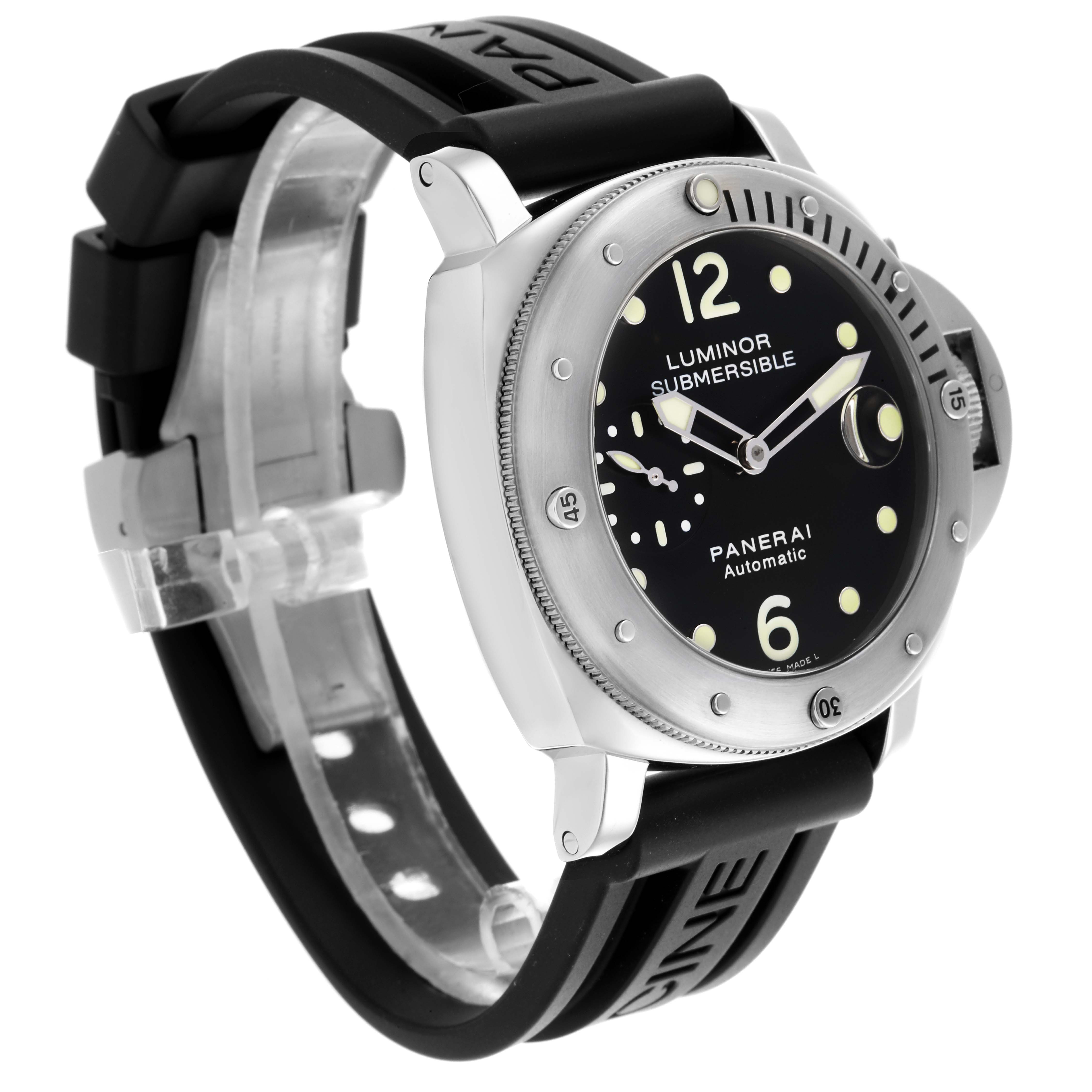 The Panerai Submersible PAM00024 Men's Stainless Steel Black Dial PAM00024 Men's Stainless Steel Black Dial watch is shown at a 3/4 angle, highlighting the dial, bezel, crown guard, and rubber strap.
